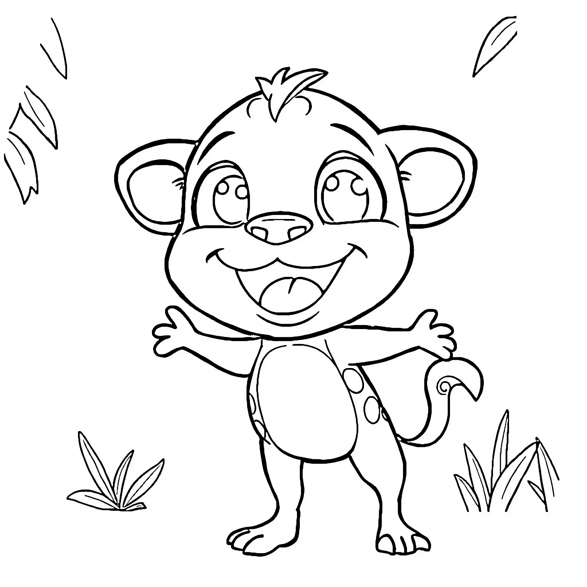 Labubu the Happy Monkey in Playful Pose Coloring Page (free black-and-white line drawing printable PDF for all, from beginners to advanced learners, including children, teens, adults, and seniors)