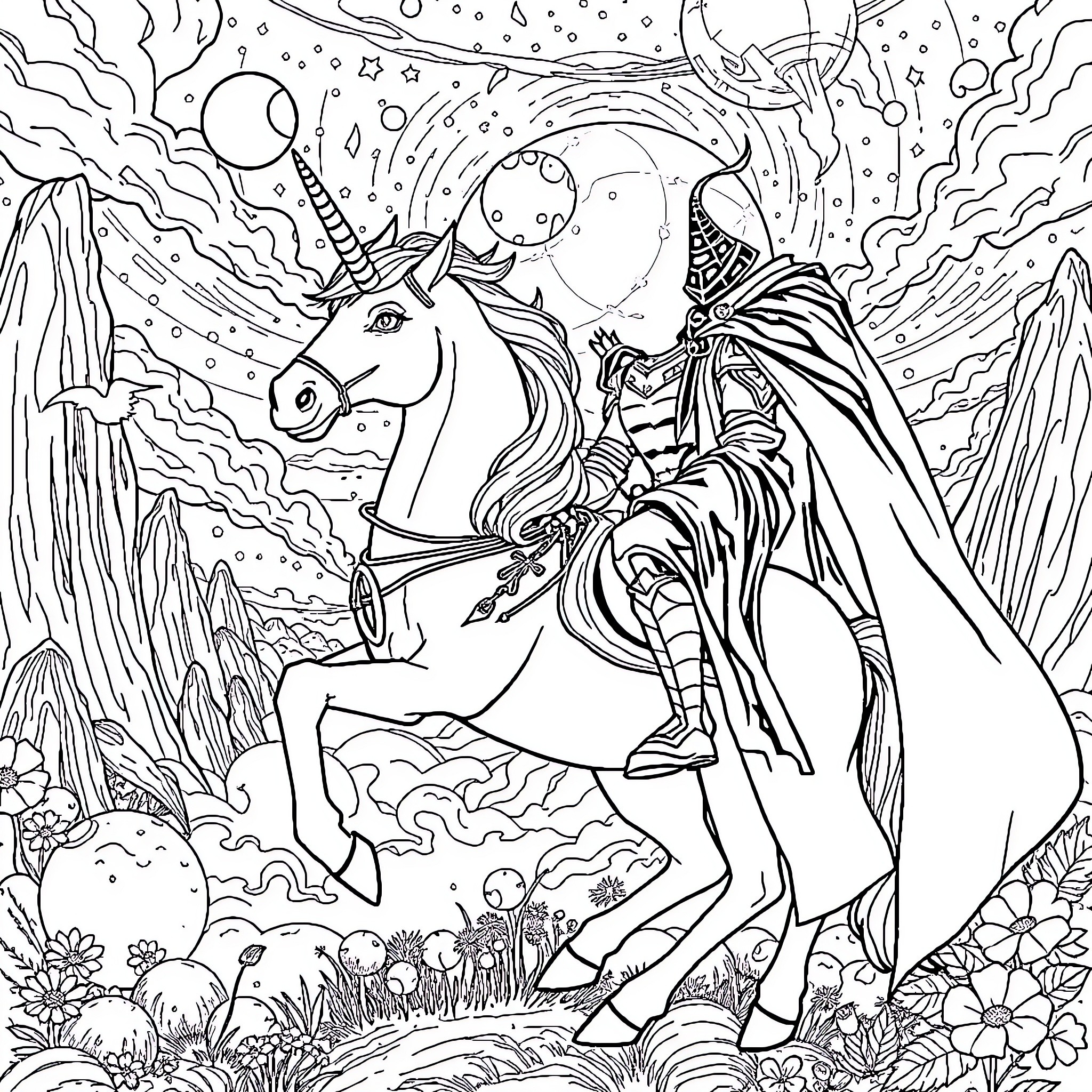 Darth Vader riding a unicorn in a fantastical landscape Coloring Page (free black-and-white line drawing printable PDF for all, from beginners to advanced learners, including children, teens, adults, and seniors)