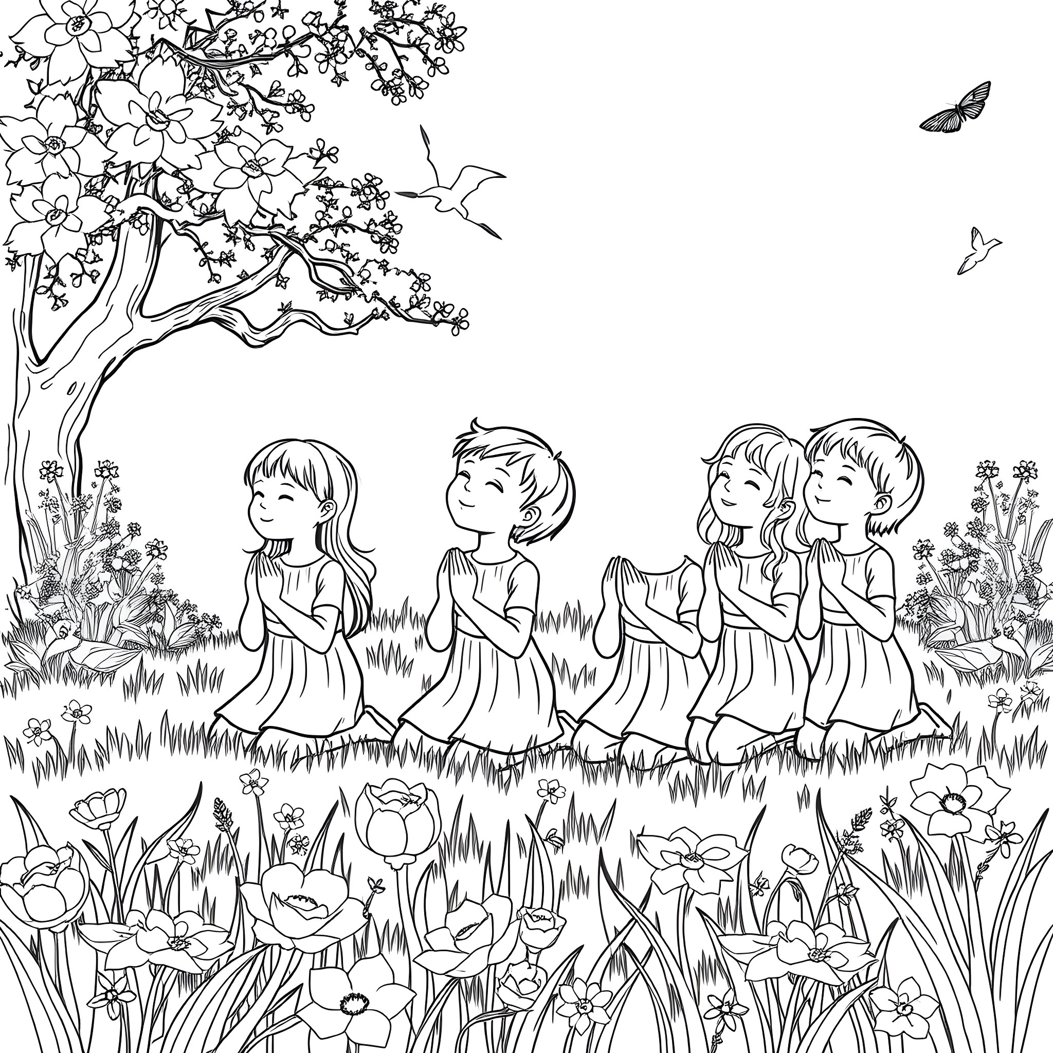 Child playing and dancing happily in a flower garden Coloring Page (free black-and-white line drawing printable PDF for all, from beginners to advanced learners, including children, teens, adults, and seniors)