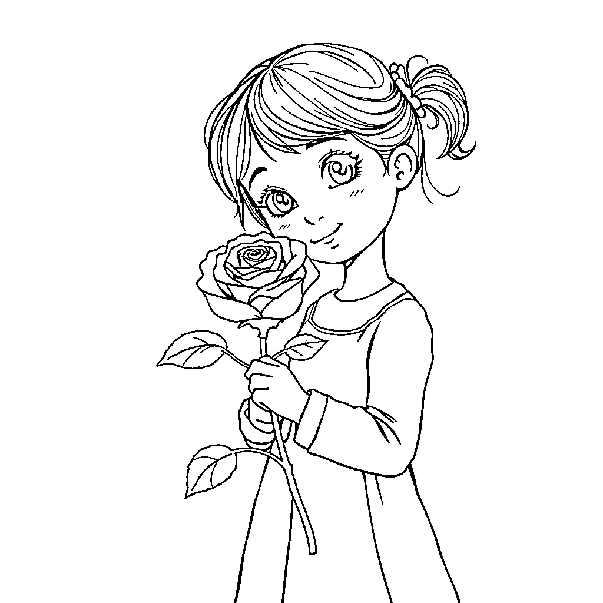Girl holding a rose with a smile Coloring Page (free black-and-white line drawing printable PDF for all, from beginners to advanced learners, including children, teens, adults, and seniors)