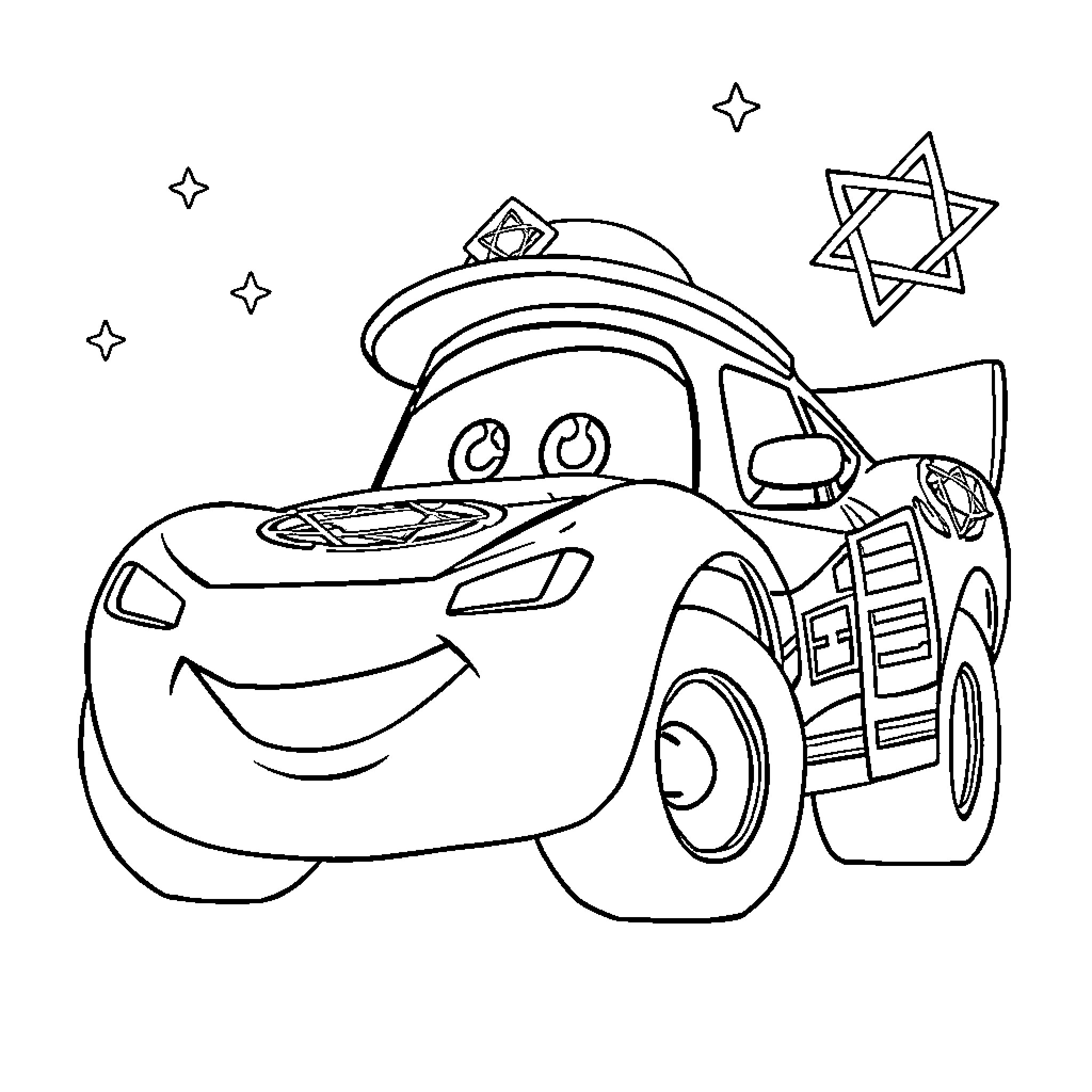 Lightning McQueen celebrates Hanukkah joyfully Coloring Page (free black-and-white line drawing printable PDF for all, from beginners to advanced learners, including children, teens, adults, and seniors)
