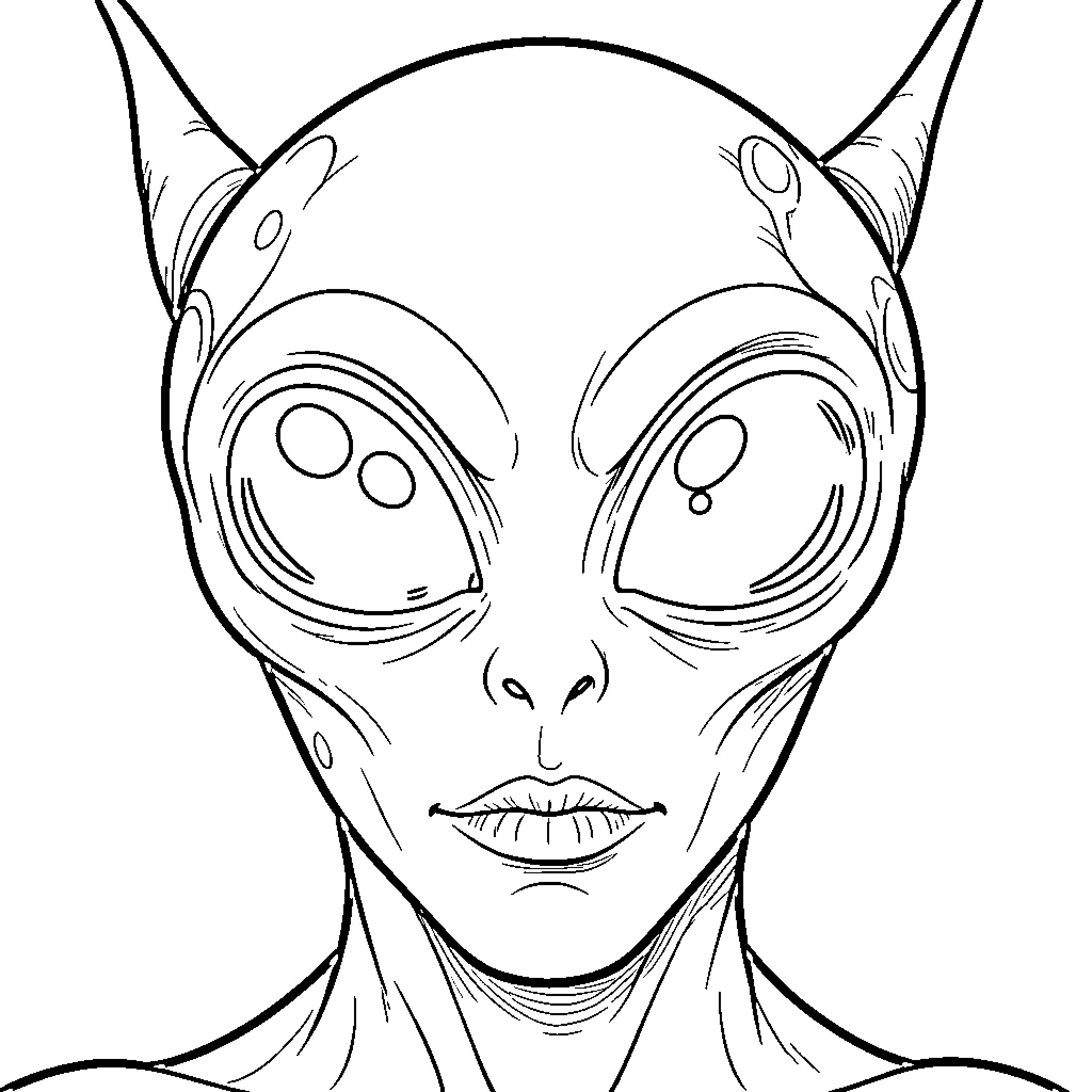 Alien with Distinctive Facial Features Coloring Page (free black-and-white line drawing printable PDF for all, from beginners to advanced learners, including children, teens, adults, and seniors)