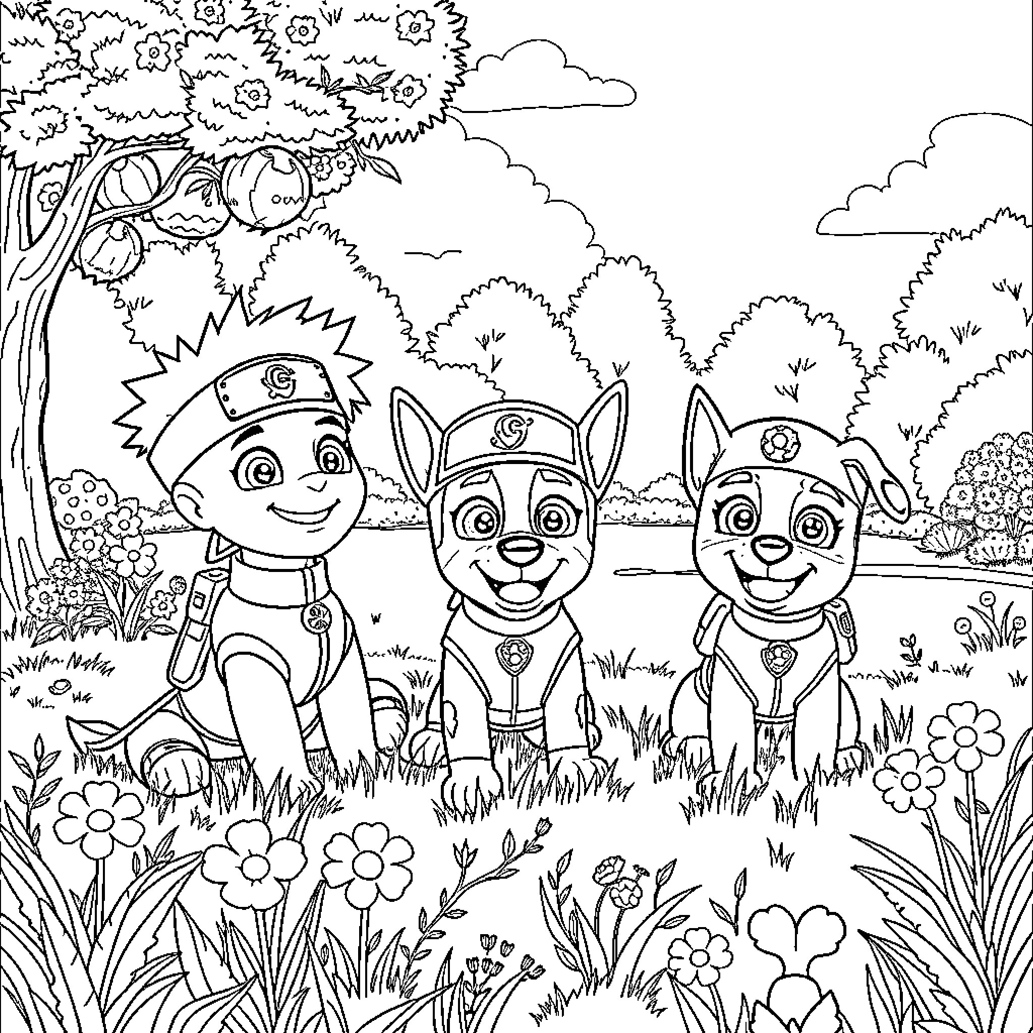 Naruto Characters Exploring the Scenic Outdoors Coloring Page (free black-and-white line drawing printable PDF for all, from beginners to advanced learners, including children, teens, adults, and seniors)