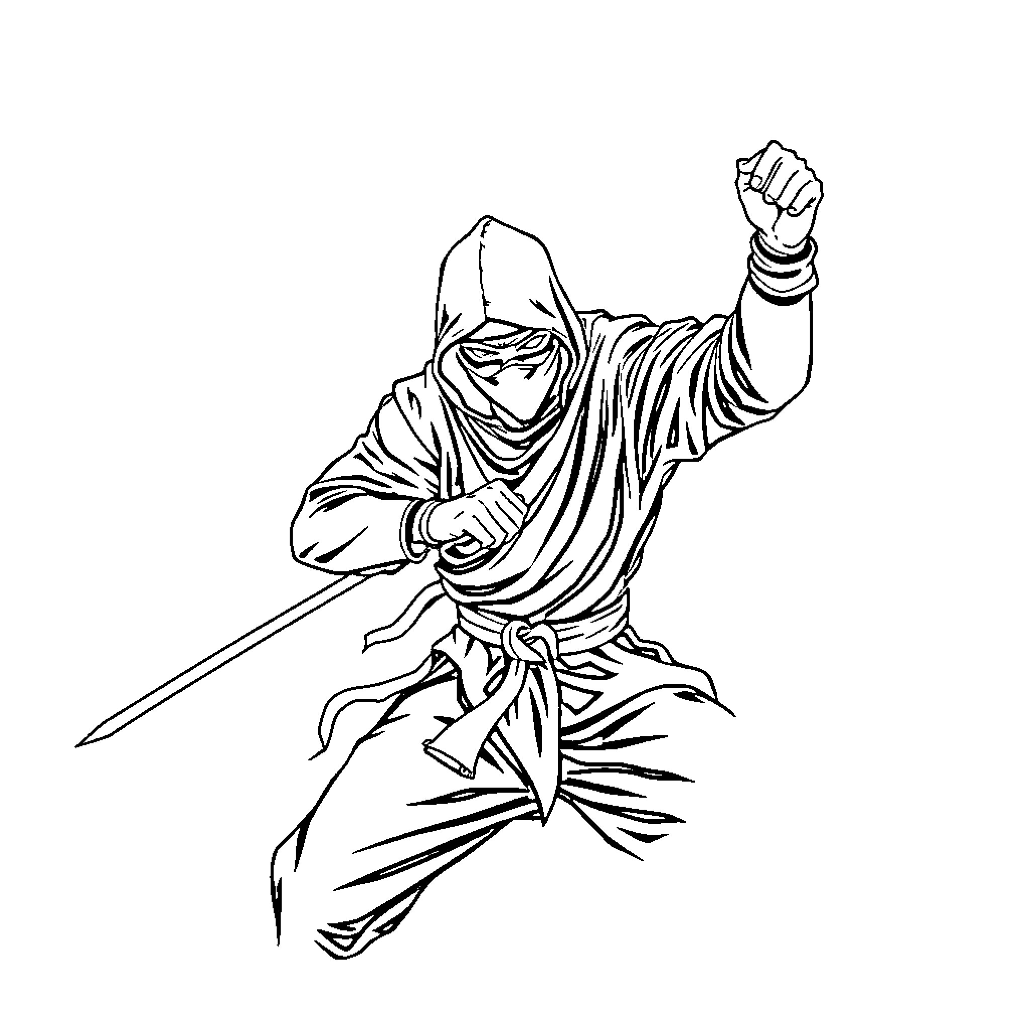 Ninja in Fighting Stance with Sword Raised Coloring Page (free black-and-white line drawing printable PDF for all, from beginners to advanced learners, including children, teens, adults, and seniors)
