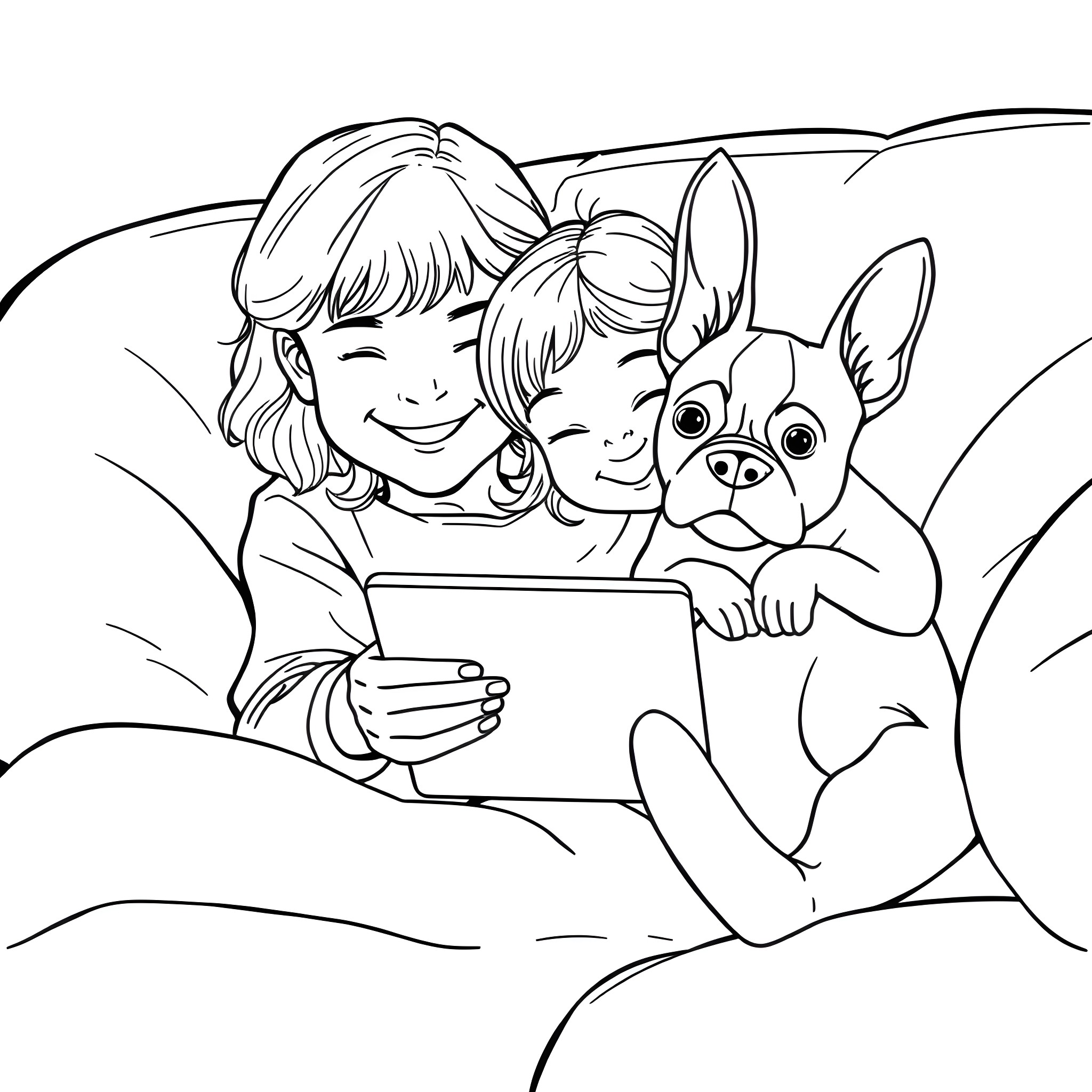 Girl and her friends explore digital device together Coloring Page (free black-and-white line drawing printable PDF for all, from beginners to advanced learners, including children, teens, adults, and seniors)