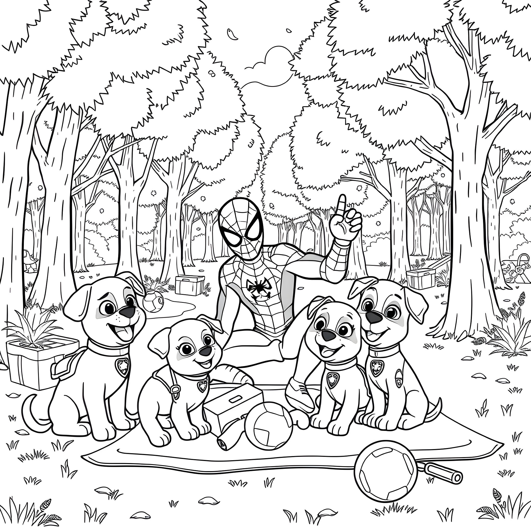 Spider-Man playing with adorable puppies in the forest Coloring Page (free black-and-white line drawing printable PDF for all, from beginners to advanced learners, including children, teens, adults, and seniors)