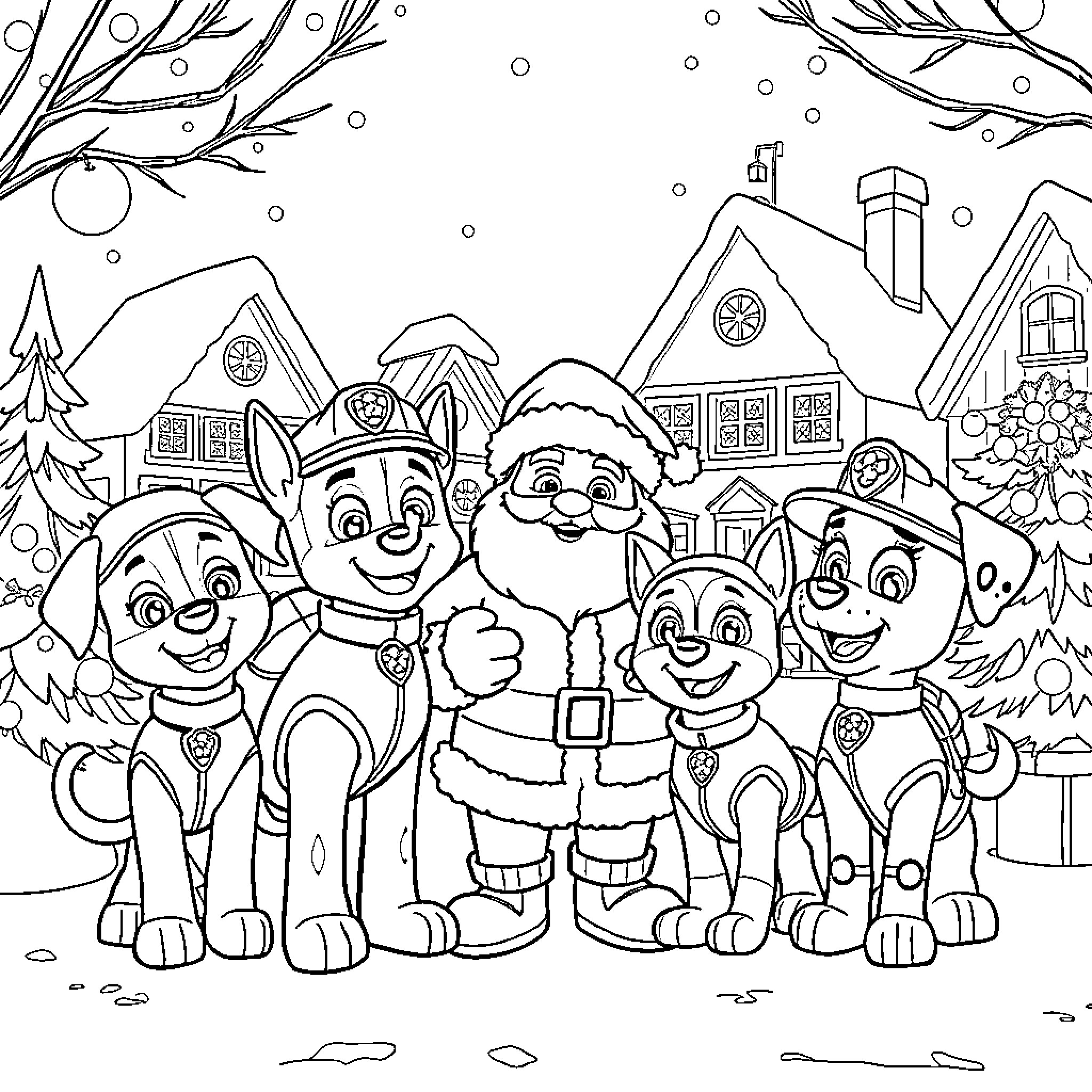 Paw Patrol characters celebrating the winter season Coloring Page (free black-and-white line drawing printable PDF for all, from beginners to advanced learners, including children, teens, adults, and seniors)