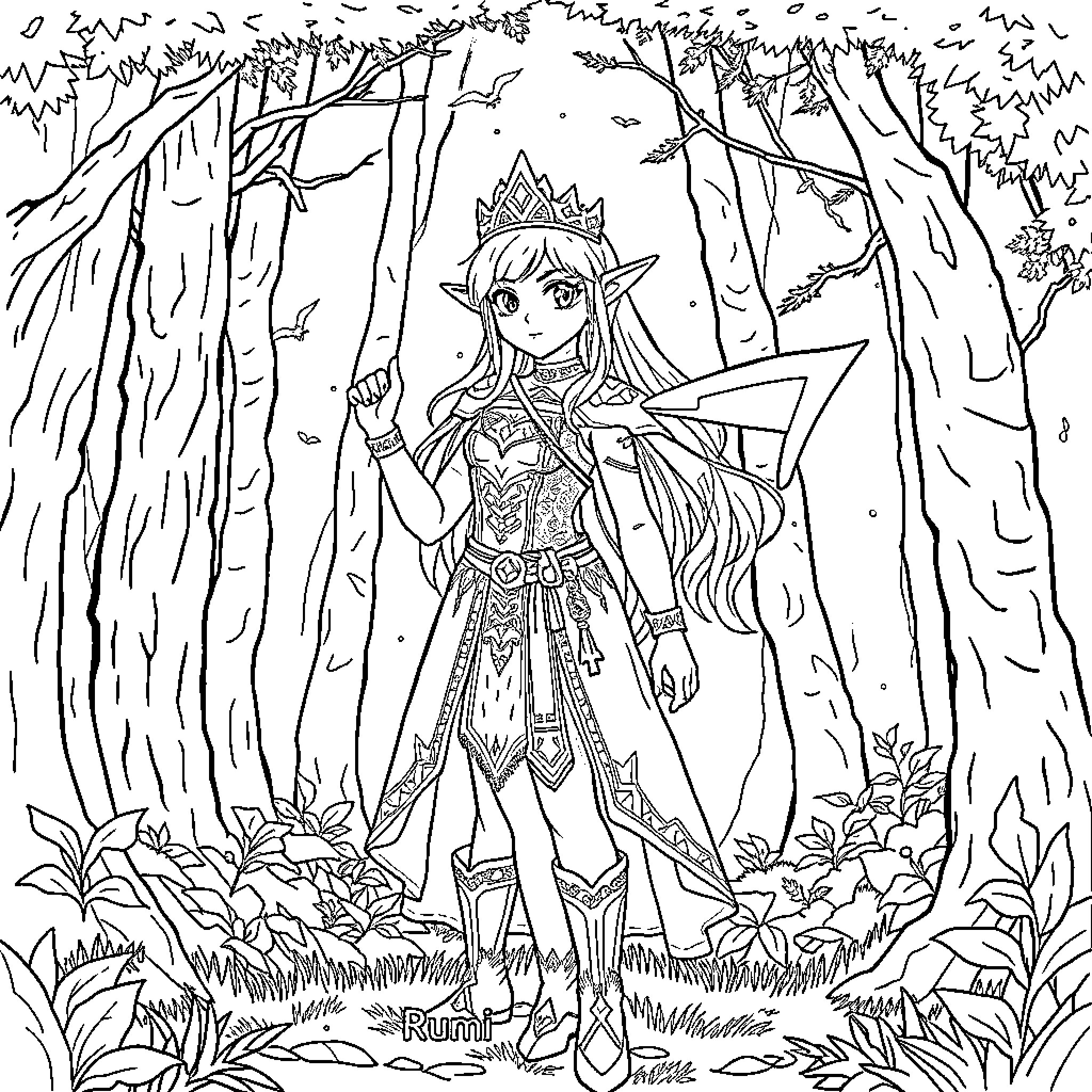 Rumi in a Fantastical Forest Scene Coloring Page (free black-and-white line drawing printable PDF for all, from beginners to advanced learners, including children, teens, adults, and seniors)