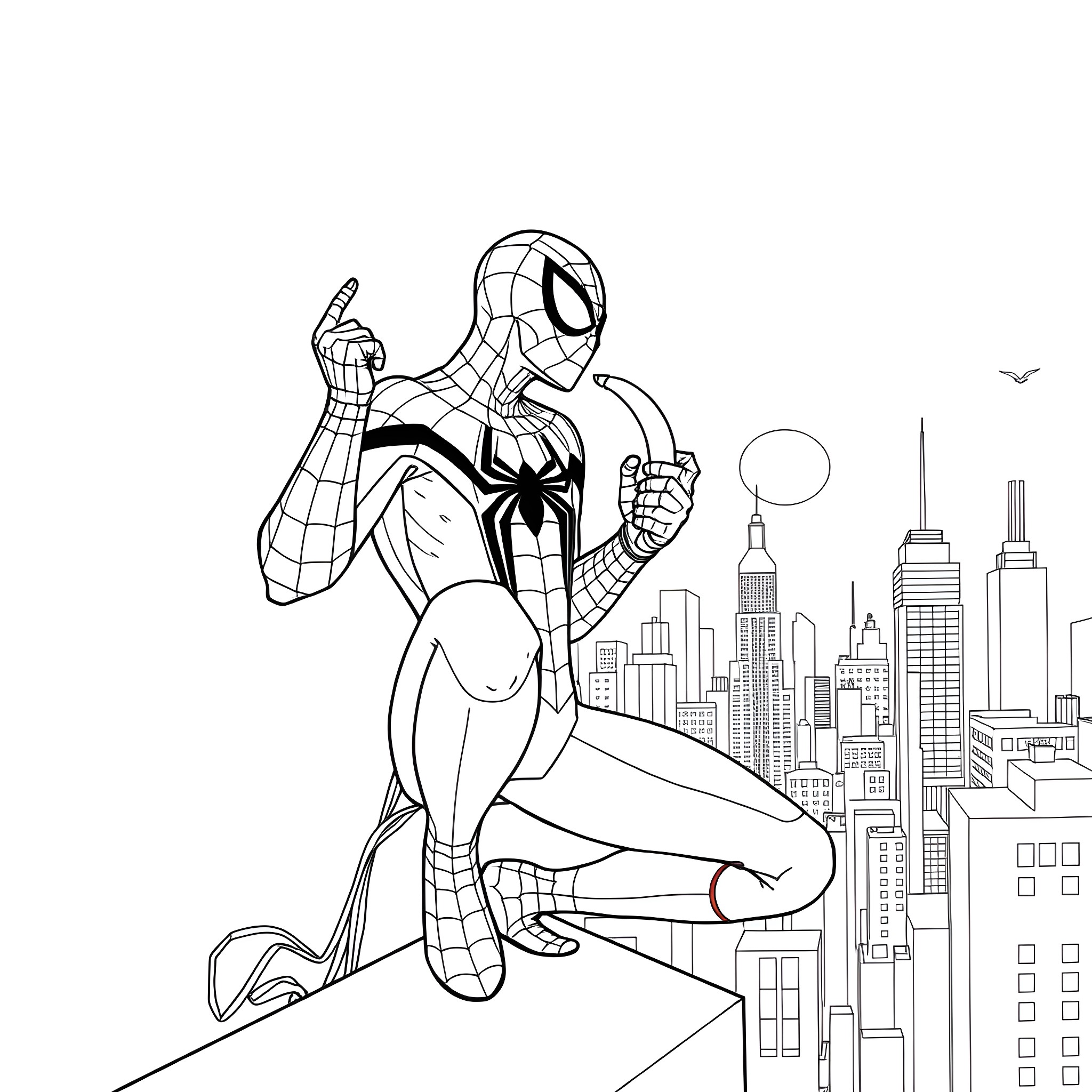 Spiderman swinging through the city skyline Coloring Page (free black-and-white line drawing printable PDF for all, from beginners to advanced learners, including children, teens, adults, and seniors)