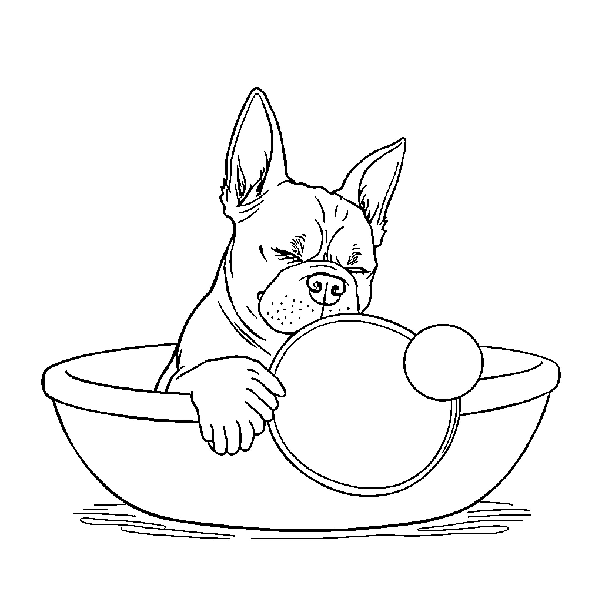 Perro enjoying playtime in a bowl Coloring Page (free black-and-white line drawing printable PDF for all, from beginners to advanced learners, including children, teens, adults, and seniors)