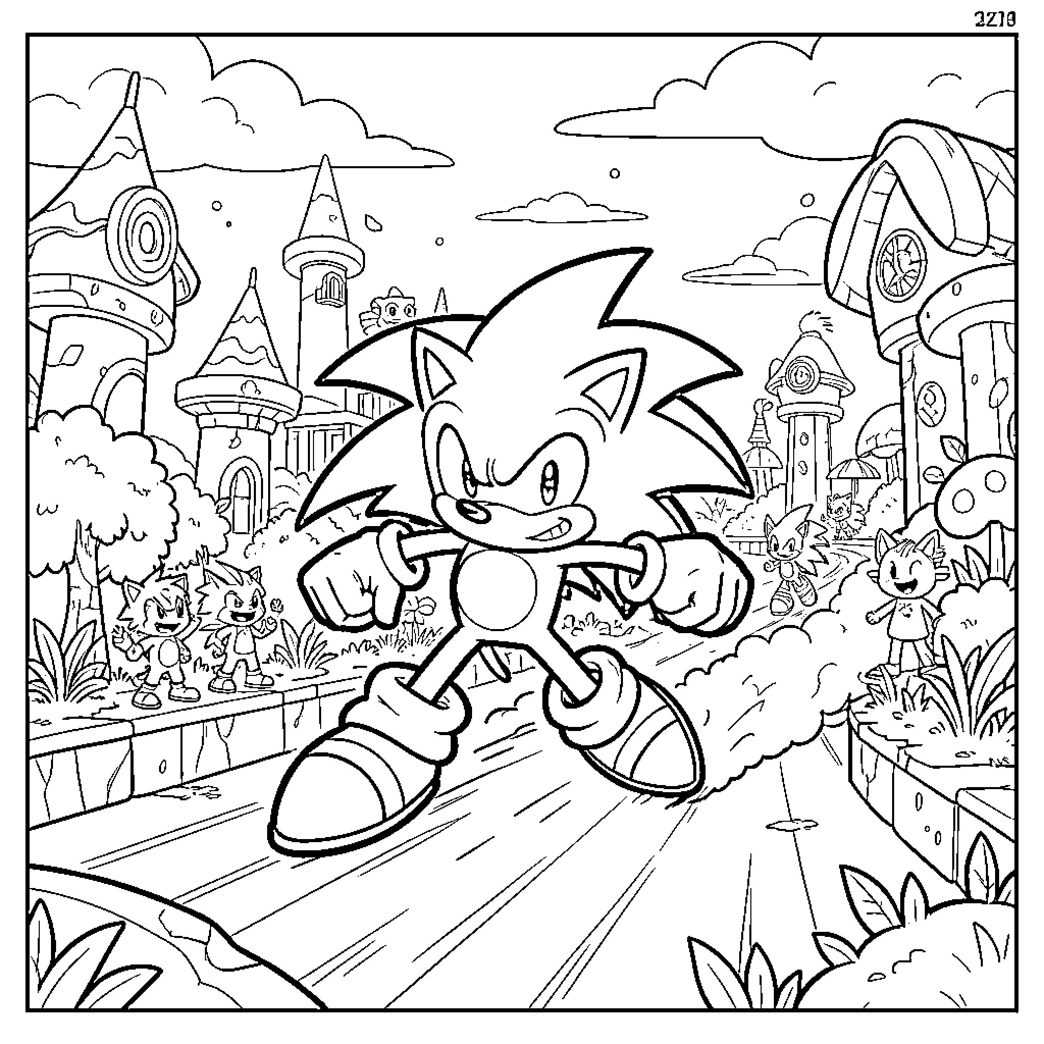 Sonic running through a fantastical landscape Coloring Page (free black-and-white line drawing printable PDF for all, from beginners to advanced learners, including children, teens, adults, and seniors)