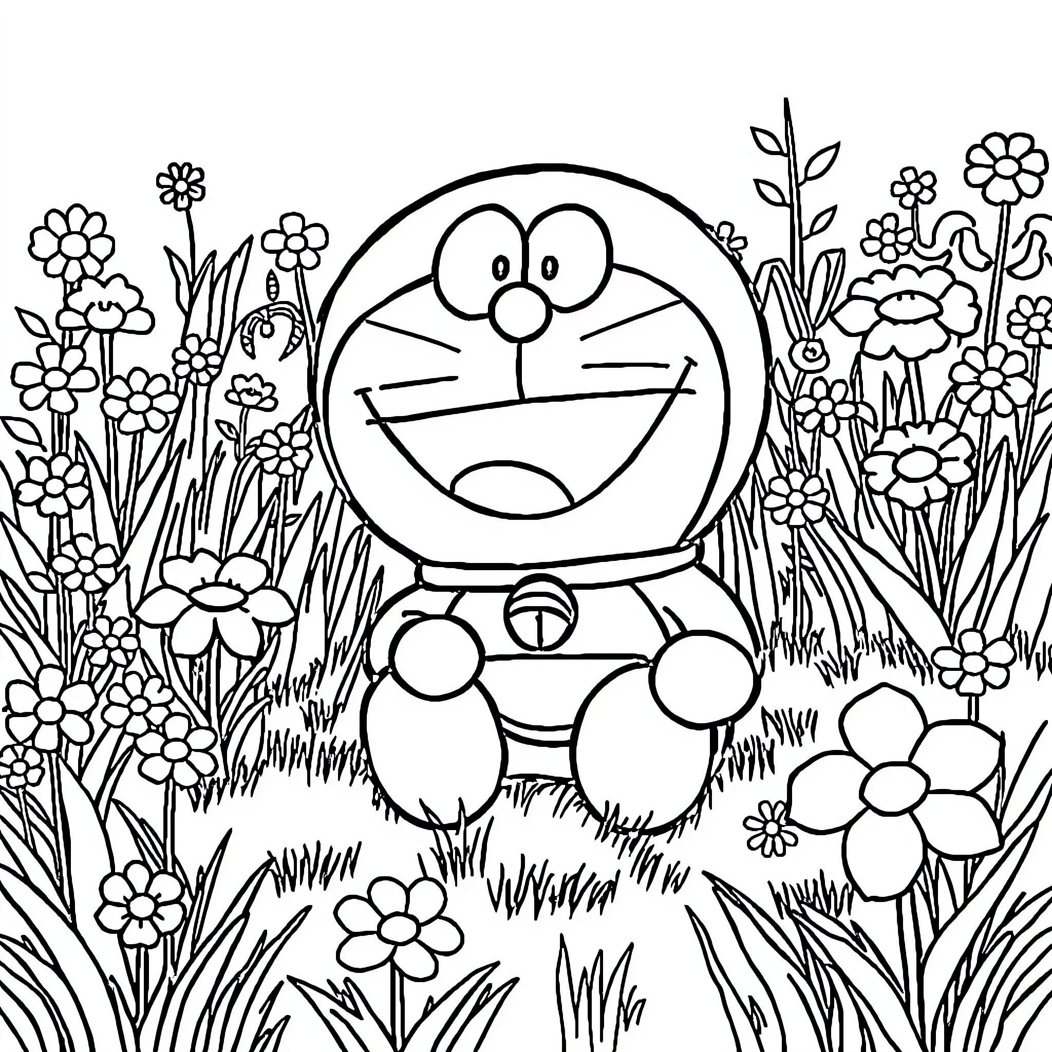 Doraemon exploring a floral meadow Coloring Page (free black-and-white line drawing printable PDF for all, from beginners to advanced learners, including children, teens, adults, and seniors)