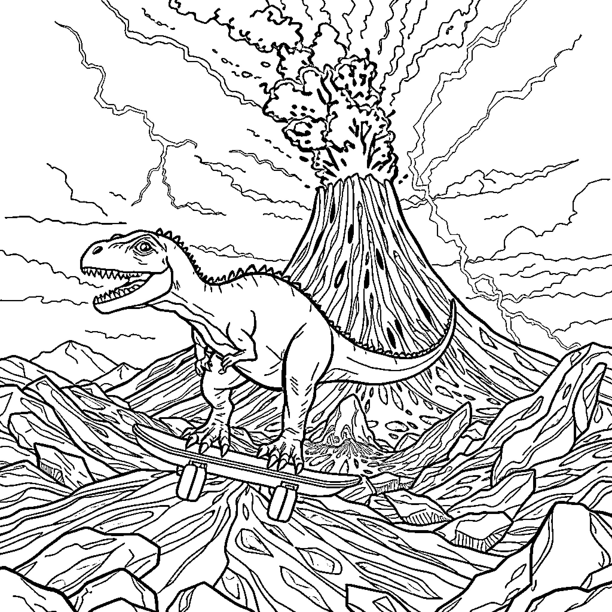 Dinosaur standing amidst volcanic eruption Coloring Page (free black-and-white line drawing printable PDF for all, from beginners to advanced learners, including children, teens, adults, and seniors)