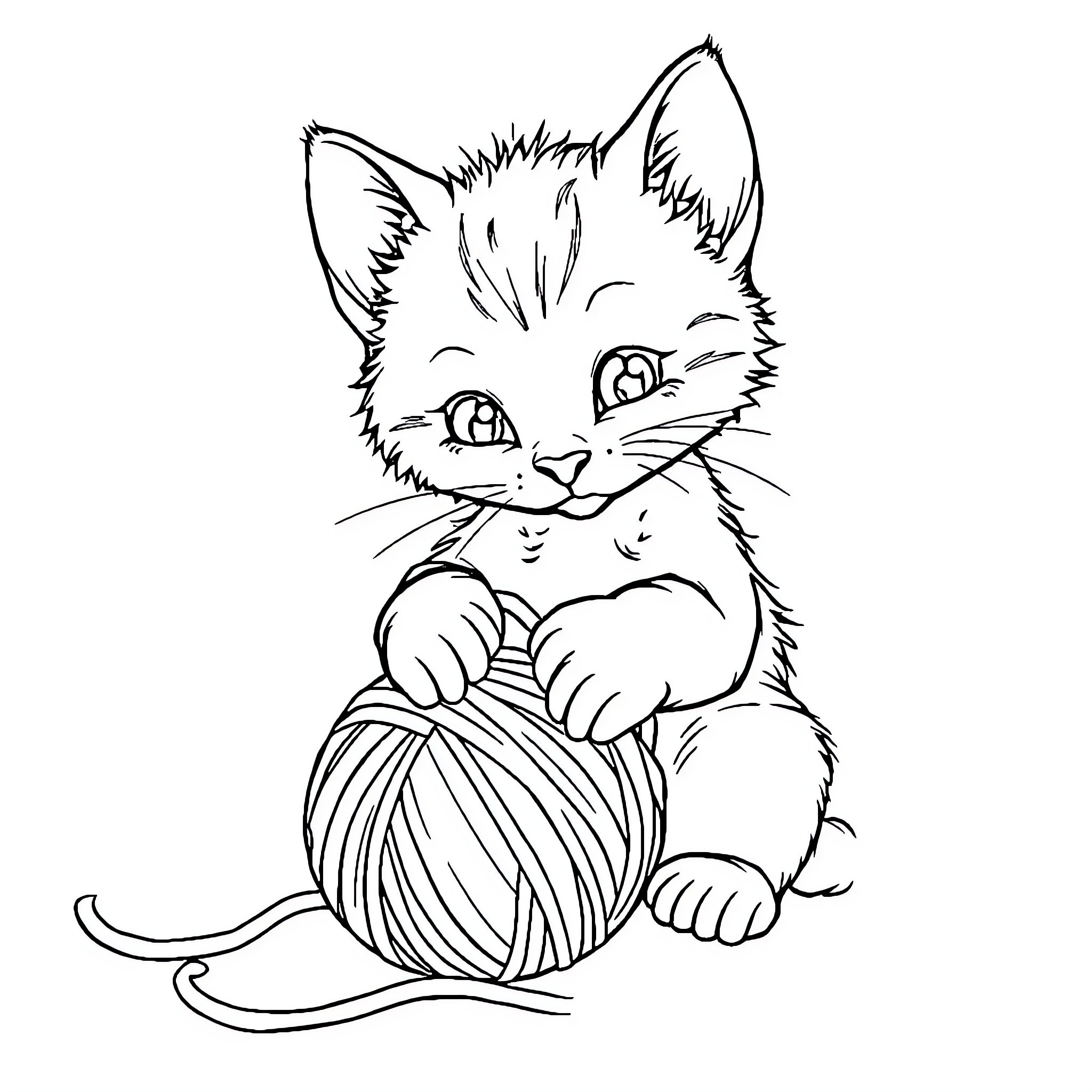Kitten playing with a ball of yarn Coloring Page (free black-and-white line drawing printable PDF for all, from beginners to advanced learners, including children, teens, adults, and seniors)