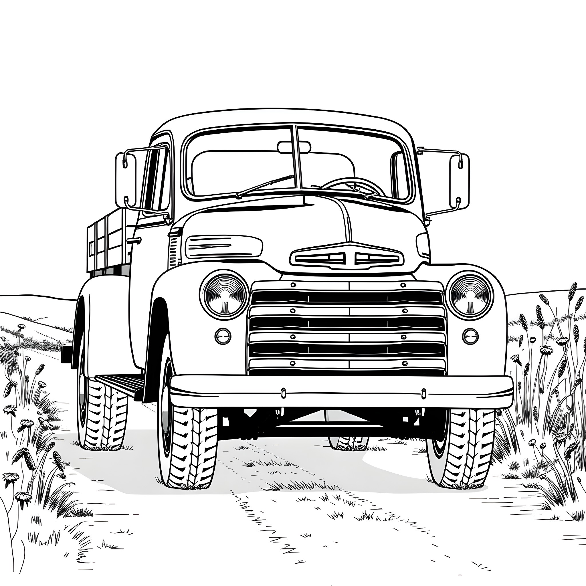 Truck in a rustic field Coloring Page (free black-and-white line drawing printable PDF for all, from beginners to advanced learners, including children, teens, adults, and seniors)
