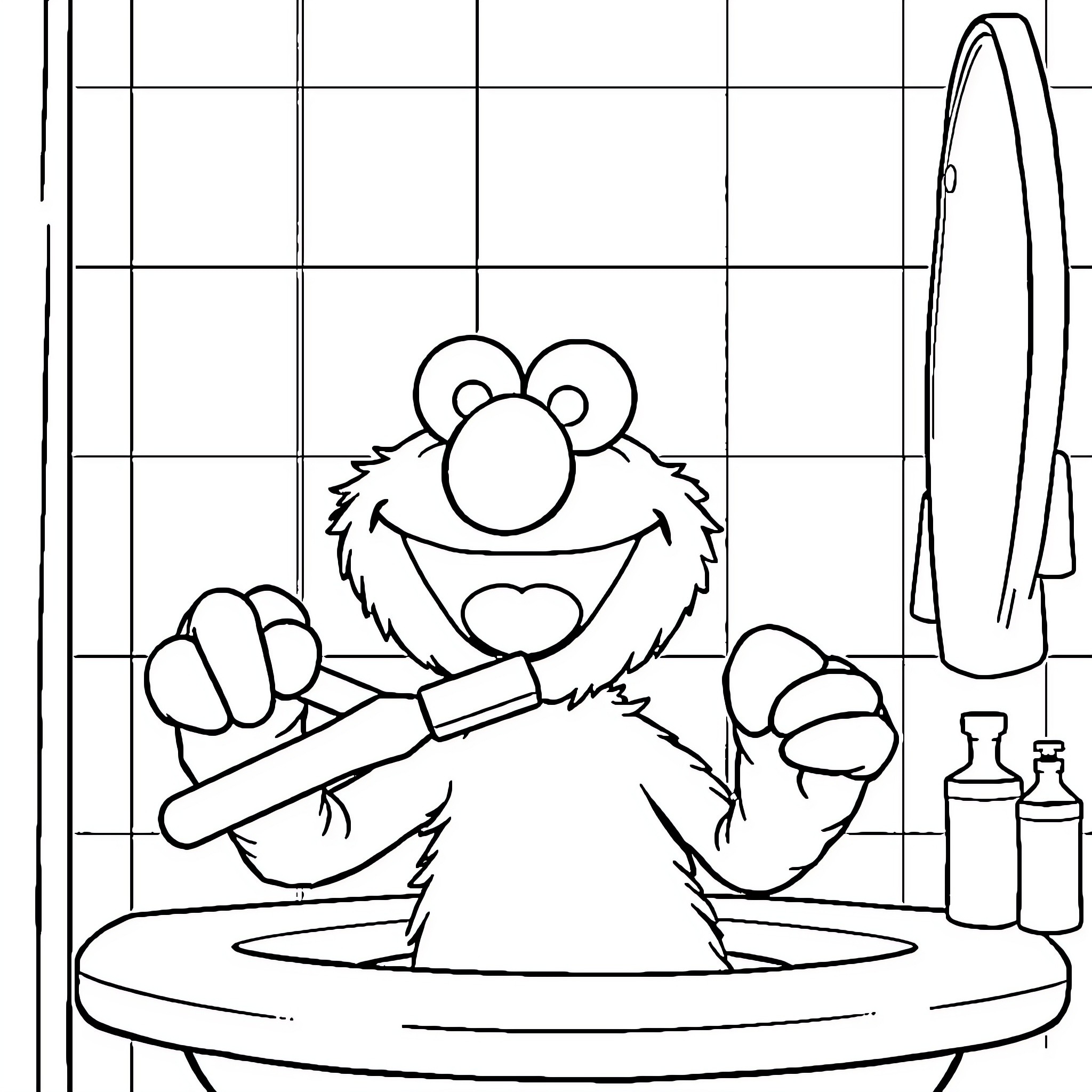 Elmo enjoying bath time with toys and soap Coloring Page (free black-and-white line drawing printable PDF for all, from beginners to advanced learners, including children, teens, adults, and seniors)