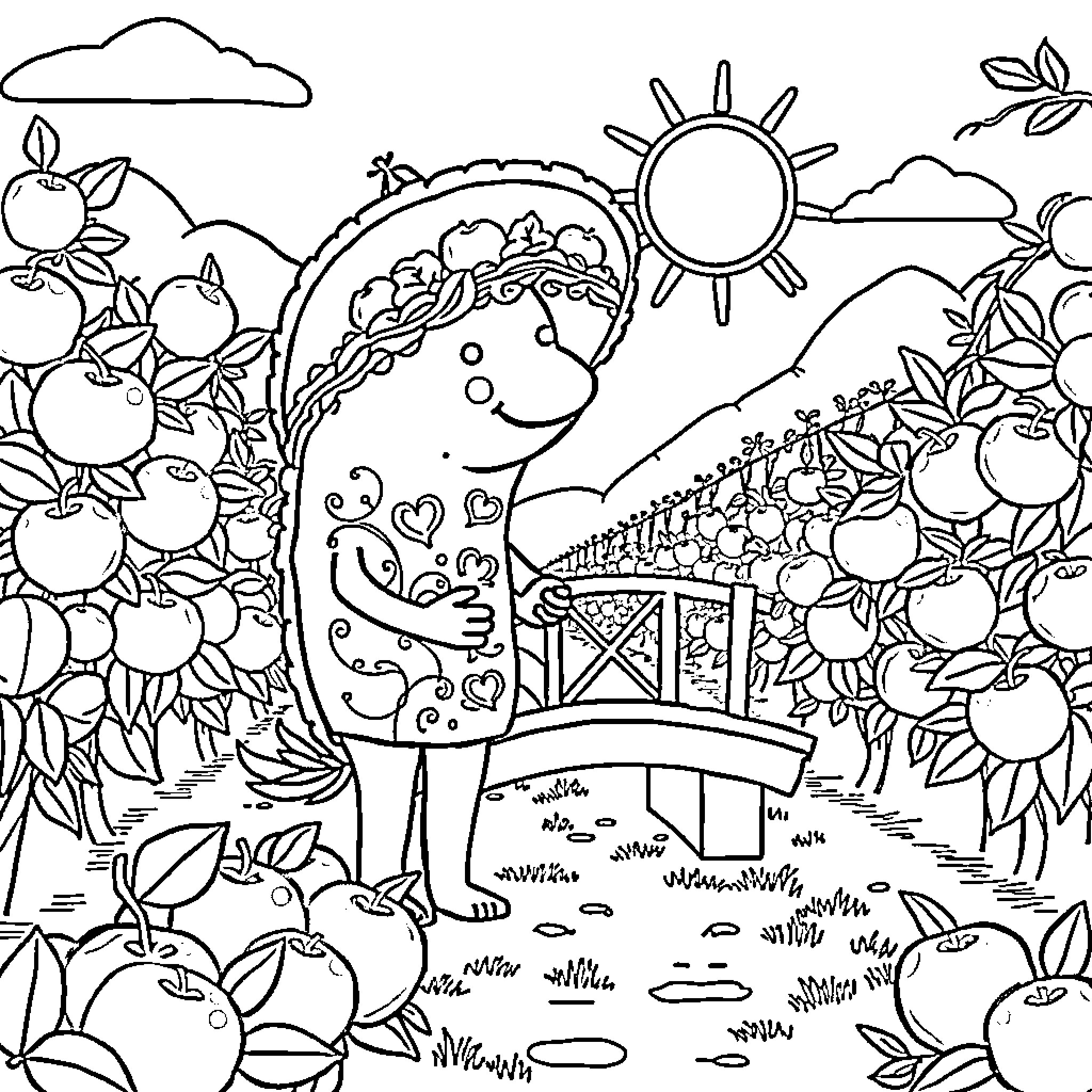 Taco Tuesday in a Lush Orchard Coloring Page (free black-and-white line drawing printable PDF for all, from beginners to advanced learners, including children, teens, adults, and seniors)