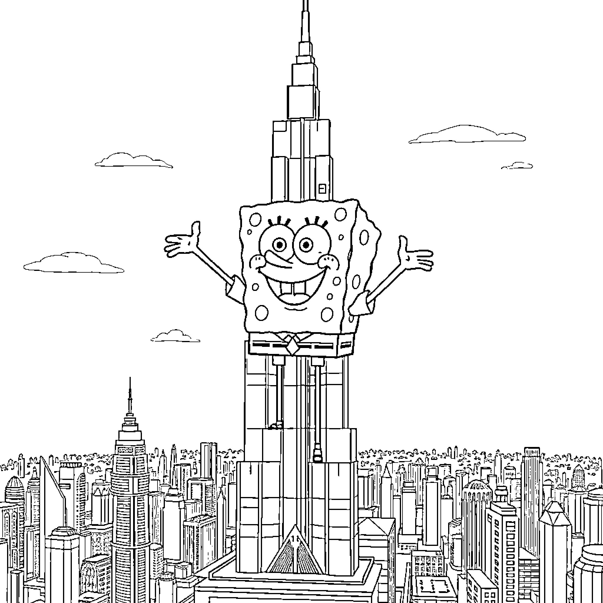 Spongebob climbing the Empire State Building Coloring Page (free black-and-white line drawing printable PDF for all, from beginners to advanced learners, including children, teens, adults, and seniors)