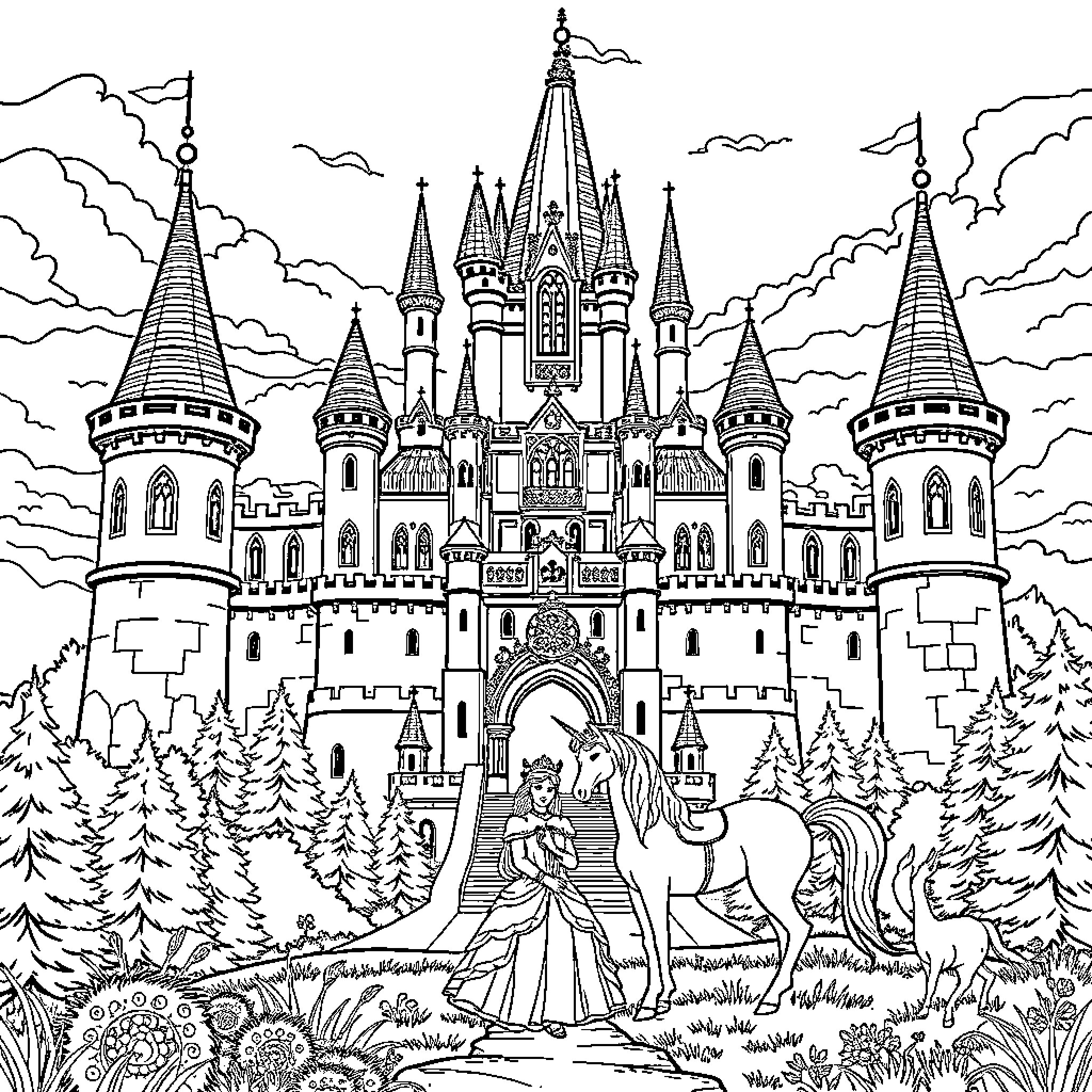 Castle with Majestic Towers and Fairy Tale Figures Coloring Page (free black-and-white line drawing printable PDF for all, from beginners to advanced learners, including children, teens, adults, and seniors)