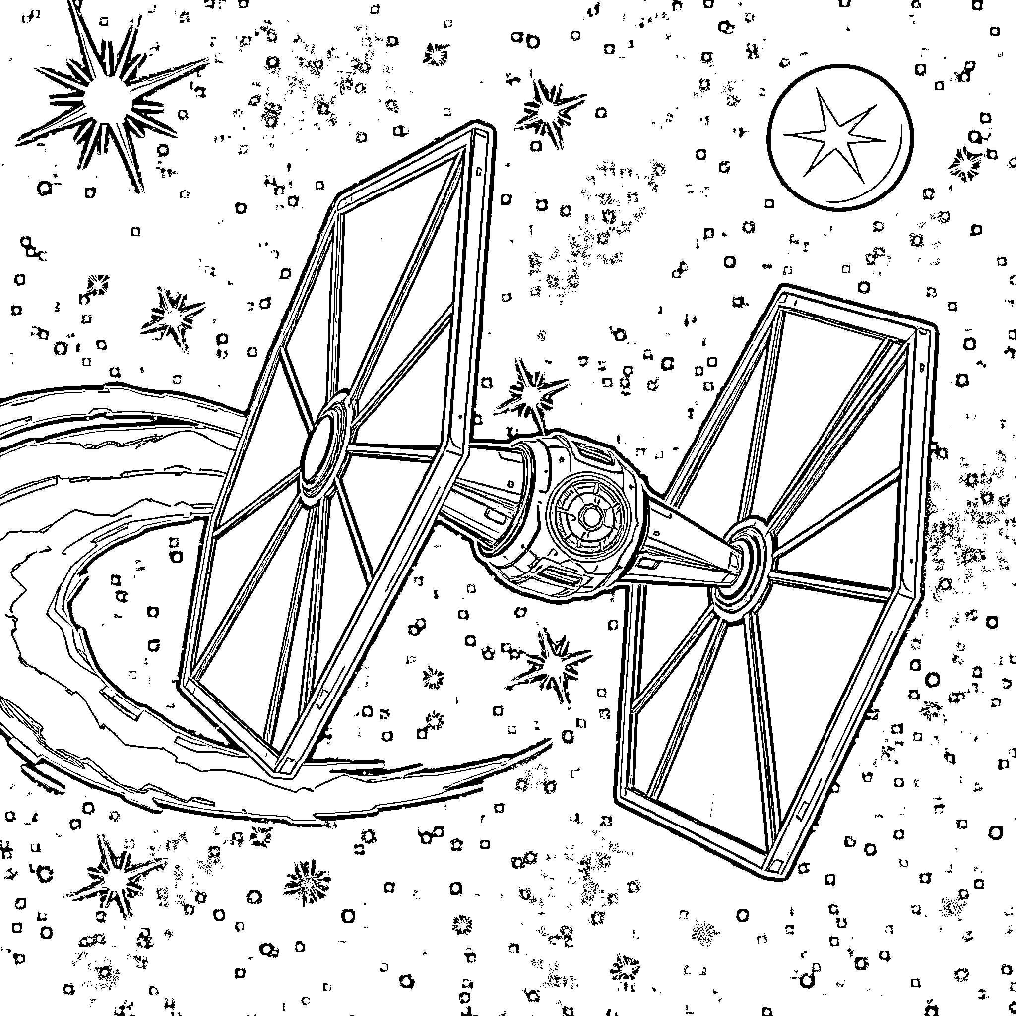 Tie Fighter Soaring Through the Cosmic Void Coloring Page (free black-and-white line drawing printable PDF for all, from beginners to advanced learners, including children, teens, adults, and seniors)