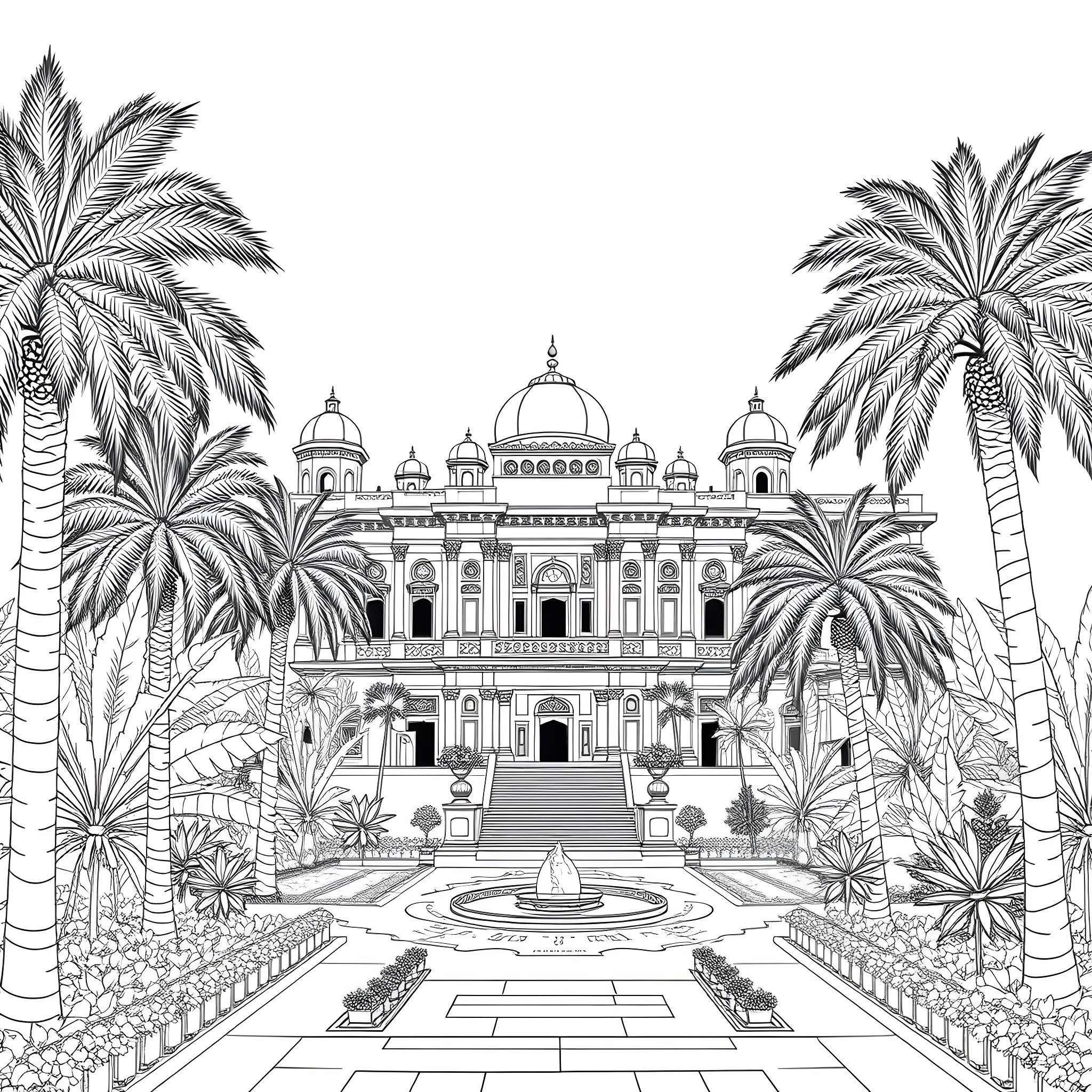 Ancient Life in a Majestic Palace amid Lush Foliage Coloring Page (free black-and-white line drawing printable PDF for all, from beginners to advanced learners, including children, teens, adults, and seniors)