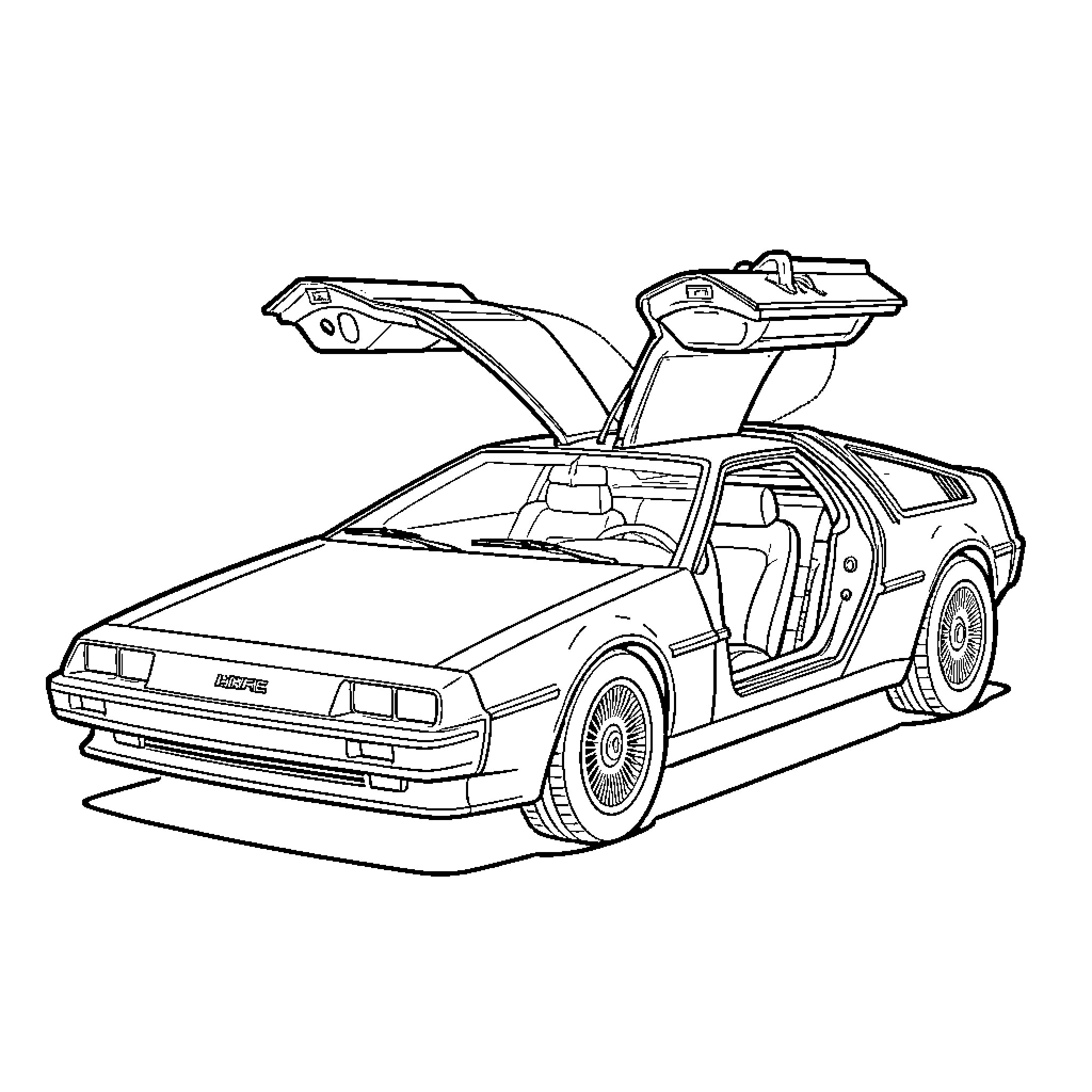 DeLorean with gull-wing doors open in a parked position Coloring Page (free black-and-white line drawing printable PDF for all, from beginners to advanced learners, including children, teens, adults, and seniors)