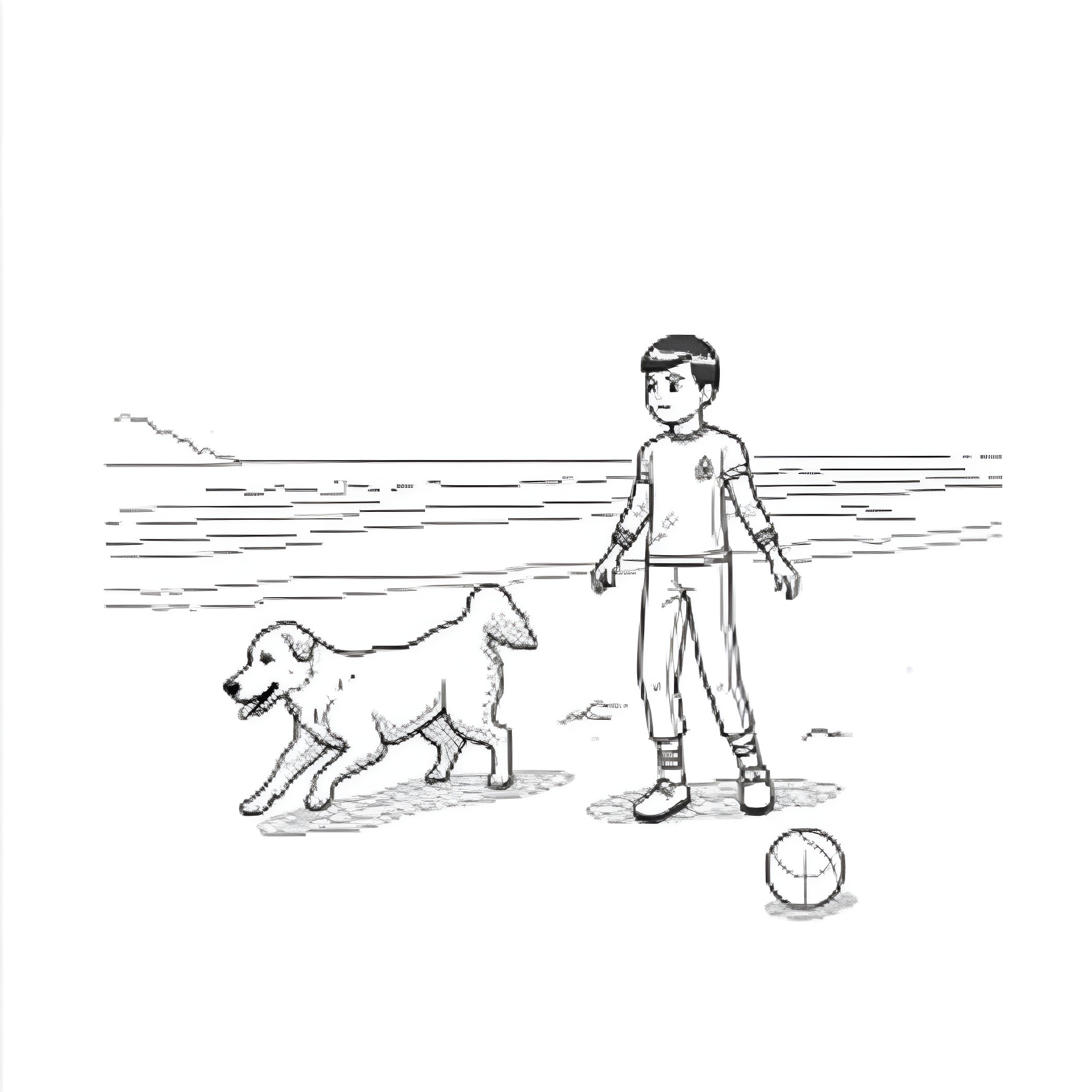 Golden Retriever playing with boy on the beach Coloring Page (free black-and-white line drawing printable PDF for all, from beginners to advanced learners, including children, teens, adults, and seniors)