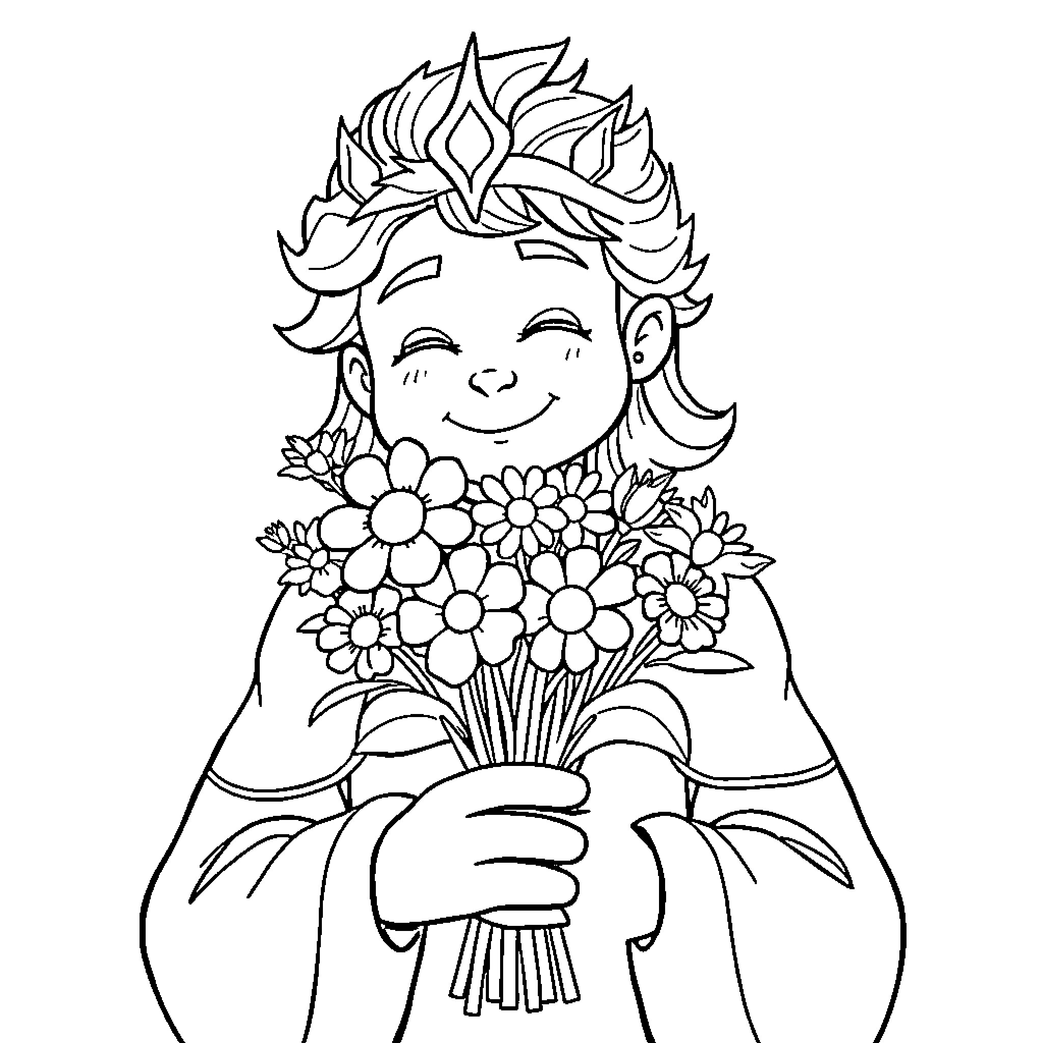 Astarion holding a bouquet of flowers Coloring Page (free black-and-white line drawing printable PDF for all, from beginners to advanced learners, including children, teens, adults, and seniors)