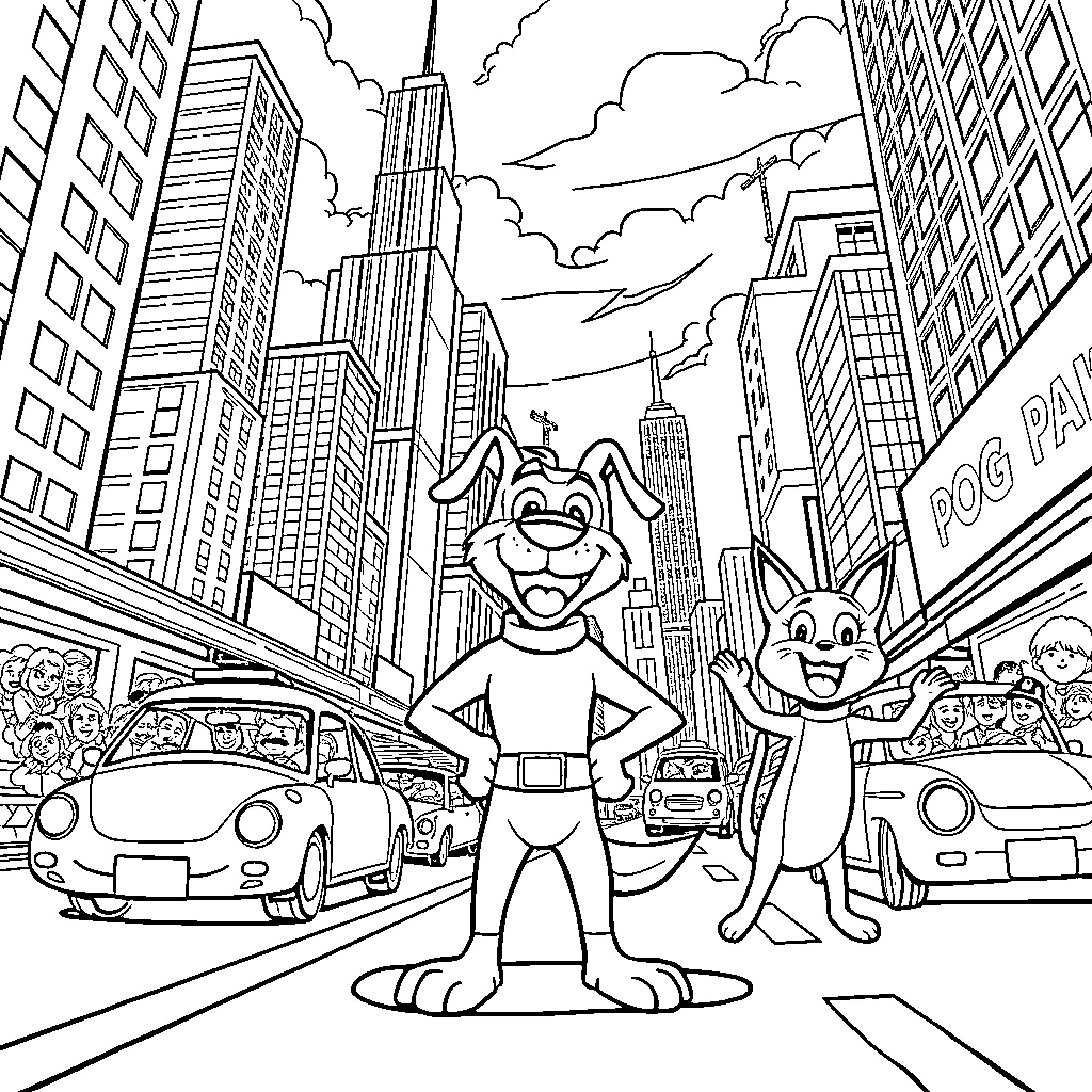 Dog Man's Exciting Adventure in the City Coloring Page (free black-and-white line drawing printable PDF for all, from beginners to advanced learners, including children, teens, adults, and seniors)