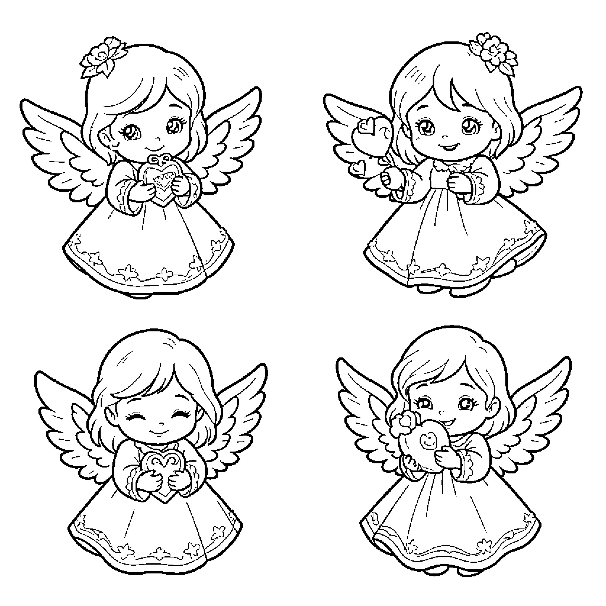 Angel characters holding hearts and smiling joyfully Coloring Page (free black-and-white line drawing printable PDF for all, from beginners to advanced learners, including children, teens, adults, and seniors)