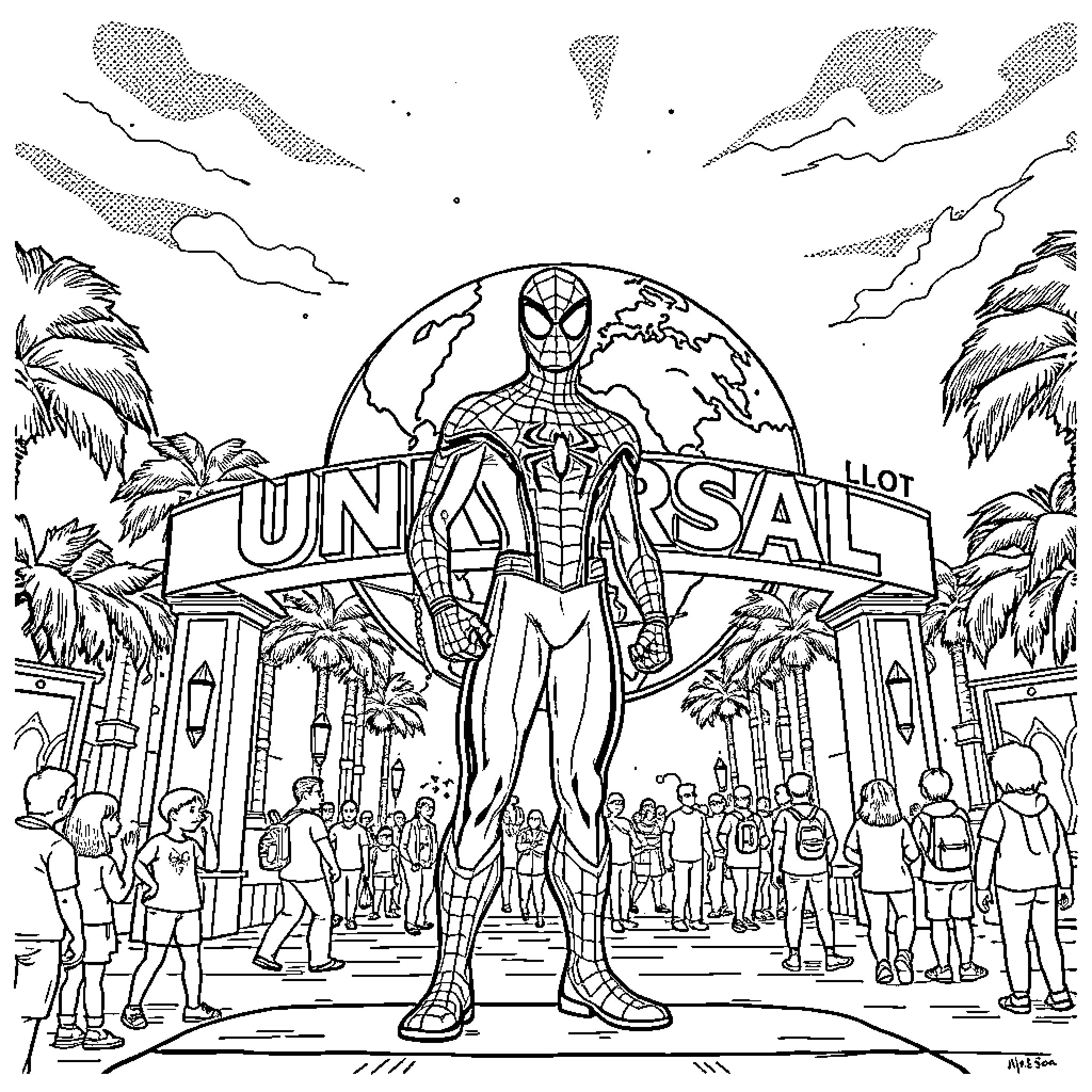 Spiderman's Universal Adventures Coloring Page (free black-and-white line drawing printable PDF for all, from beginners to advanced learners, including children, teens, adults, and seniors)