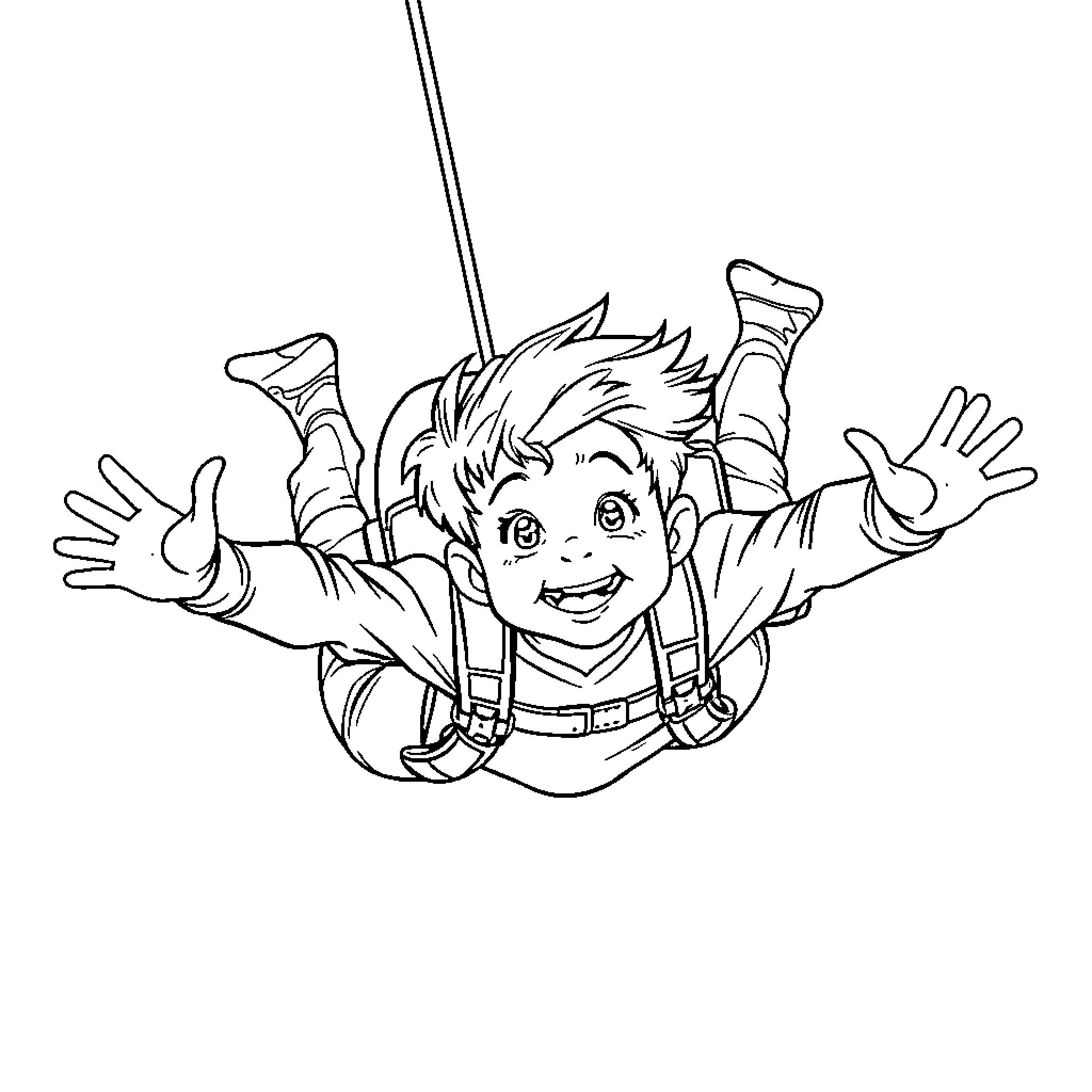 Boy joyfully jumping in midair with excitement Coloring Page (free black-and-white line drawing printable PDF for all, from beginners to advanced learners, including children, teens, adults, and seniors)