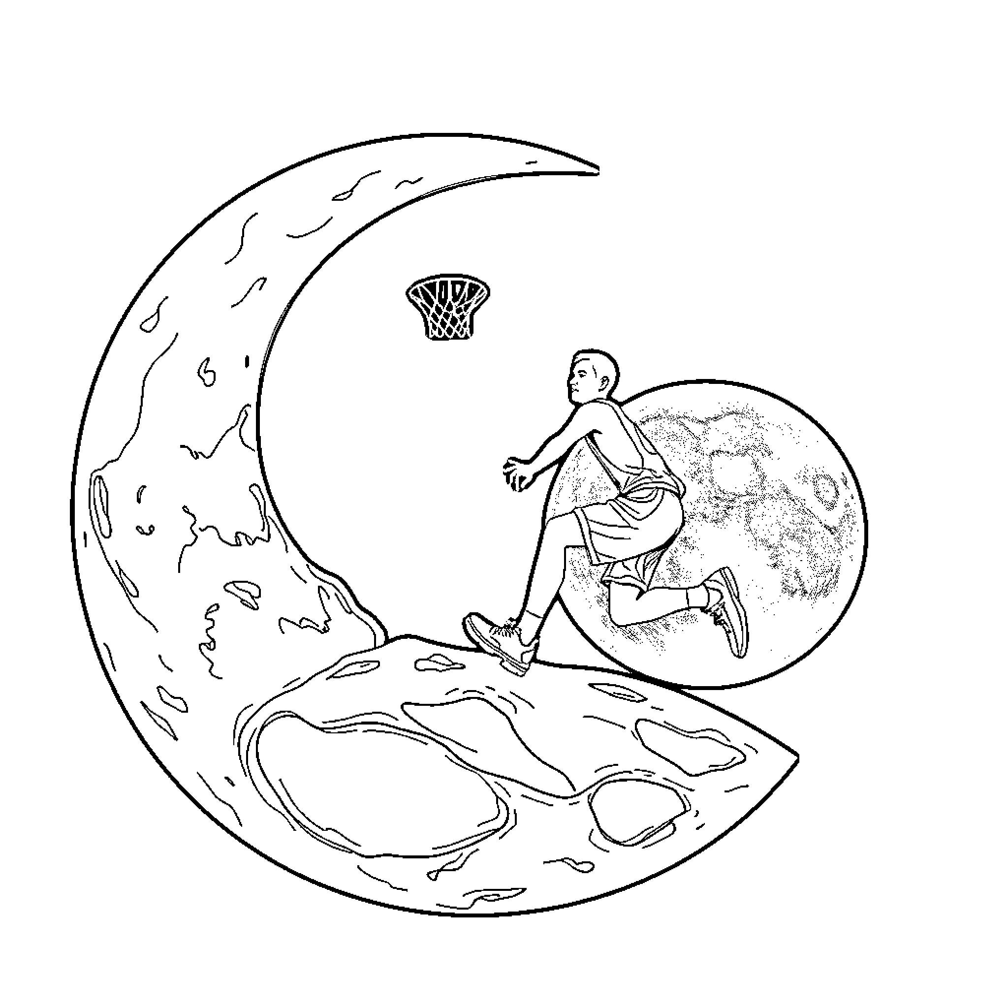 Basketball Player Dunking on the Moon Coloring Page (free black-and-white line drawing printable PDF for all, from beginners to advanced learners, including children, teens, adults, and seniors)