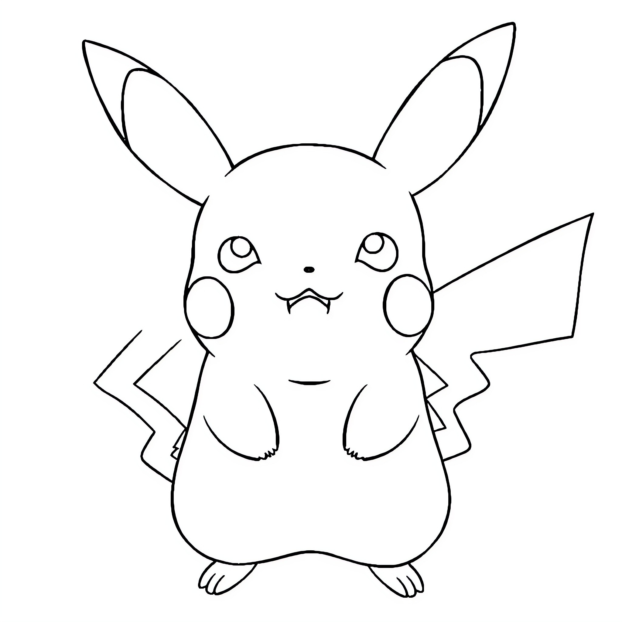 Pikachu smiling and posing happily Coloring Page (free black-and-white line drawing printable PDF for all, from beginners to advanced learners, including children, teens, adults, and seniors)