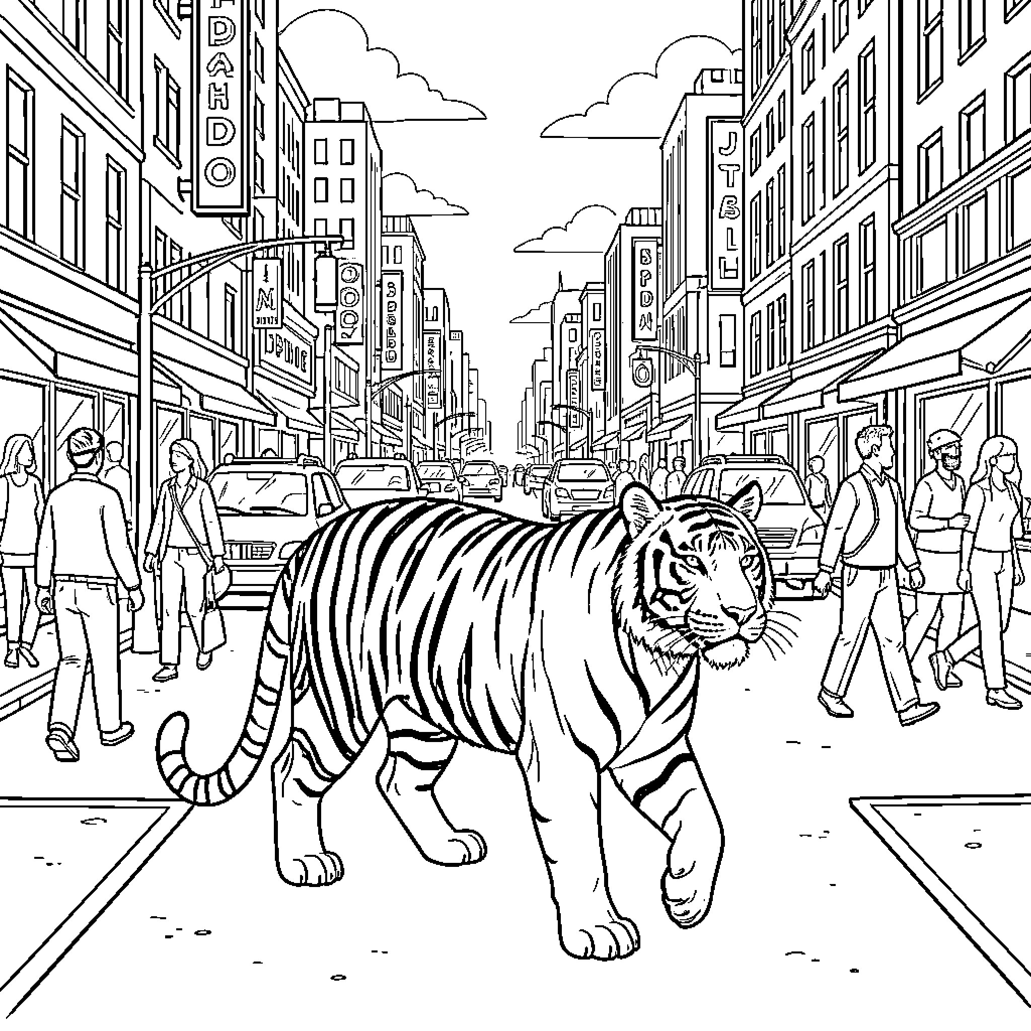 Tiger walking calmly through a busy city street Coloring Page (free black-and-white line drawing printable PDF for all, from beginners to advanced learners, including children, teens, adults, and seniors)