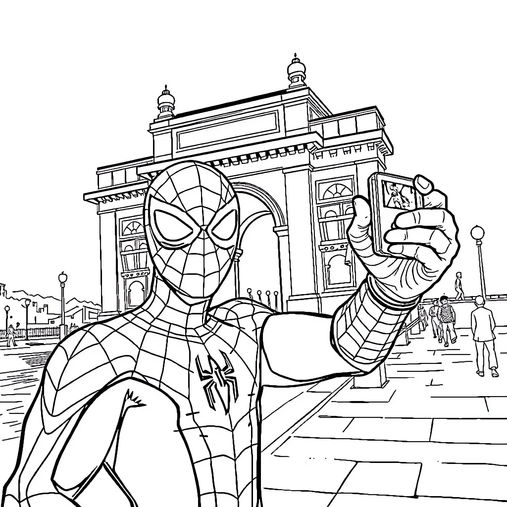 Spiderman swinging through city streets in action pose Coloring Page (free black-and-white line drawing printable PDF for all, from beginners to advanced learners, including children, teens, adults, and seniors)