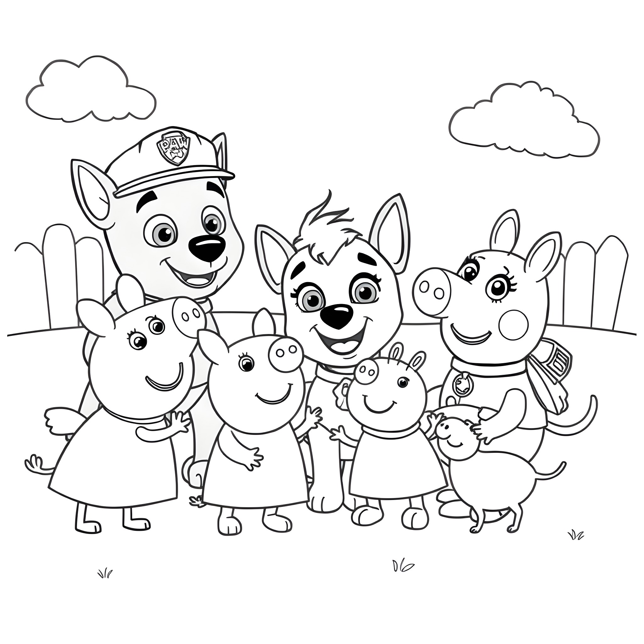 Paw Patrol characters in an outdoor scene Coloring Page (free black-and-white line drawing printable PDF for all, from beginners to advanced learners, including children, teens, adults, and seniors)