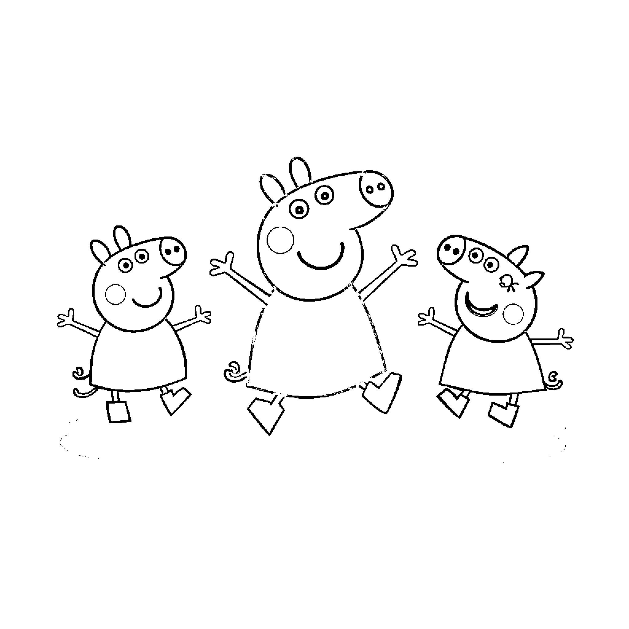 Peppa Pig and family playing happily together Coloring Page (free black-and-white line drawing printable PDF for all, from beginners to advanced learners, including children, teens, adults, and seniors)