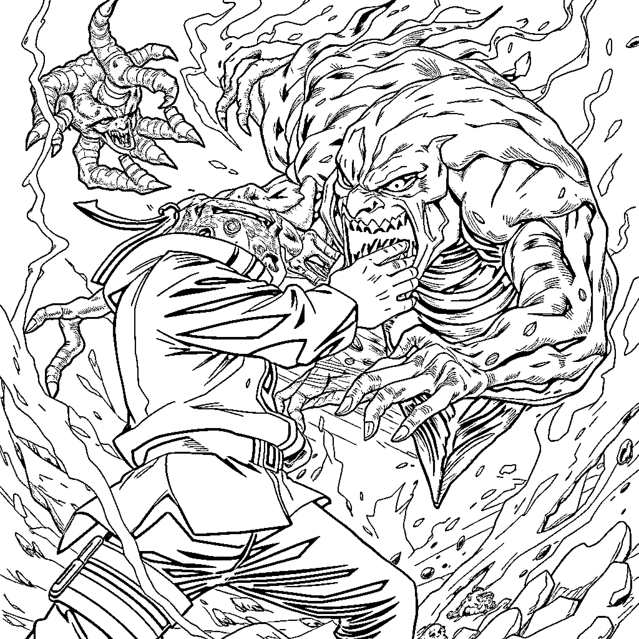 Naruto's Fierce Ninja Clash with Powerful Foe Coloring Page (free black-and-white line drawing printable PDF for all, from beginners to advanced learners, including children, teens, adults, and seniors)