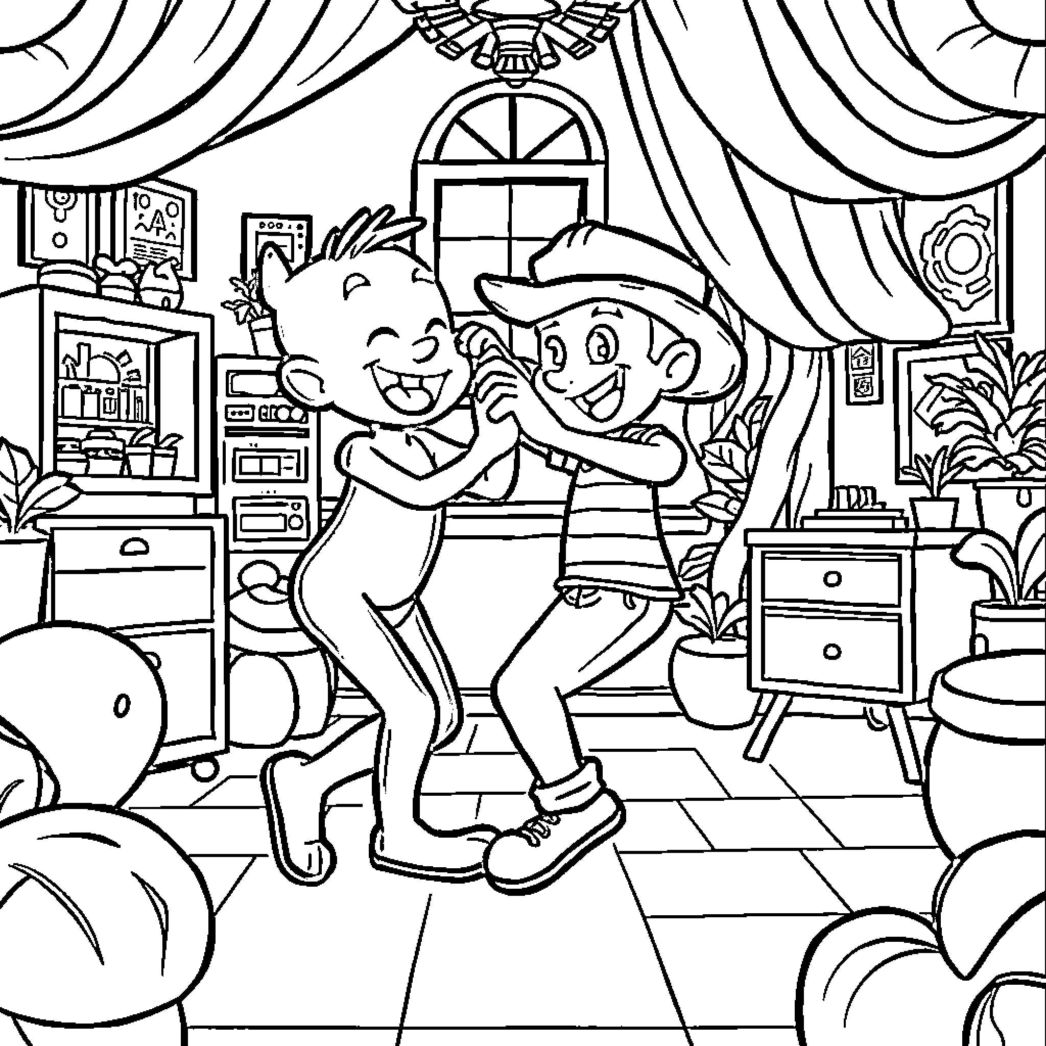 Bluey playing energetically with friend in bedroom Coloring Page (free black-and-white line drawing printable PDF for all, from beginners to advanced learners, including children, teens, adults, and seniors)