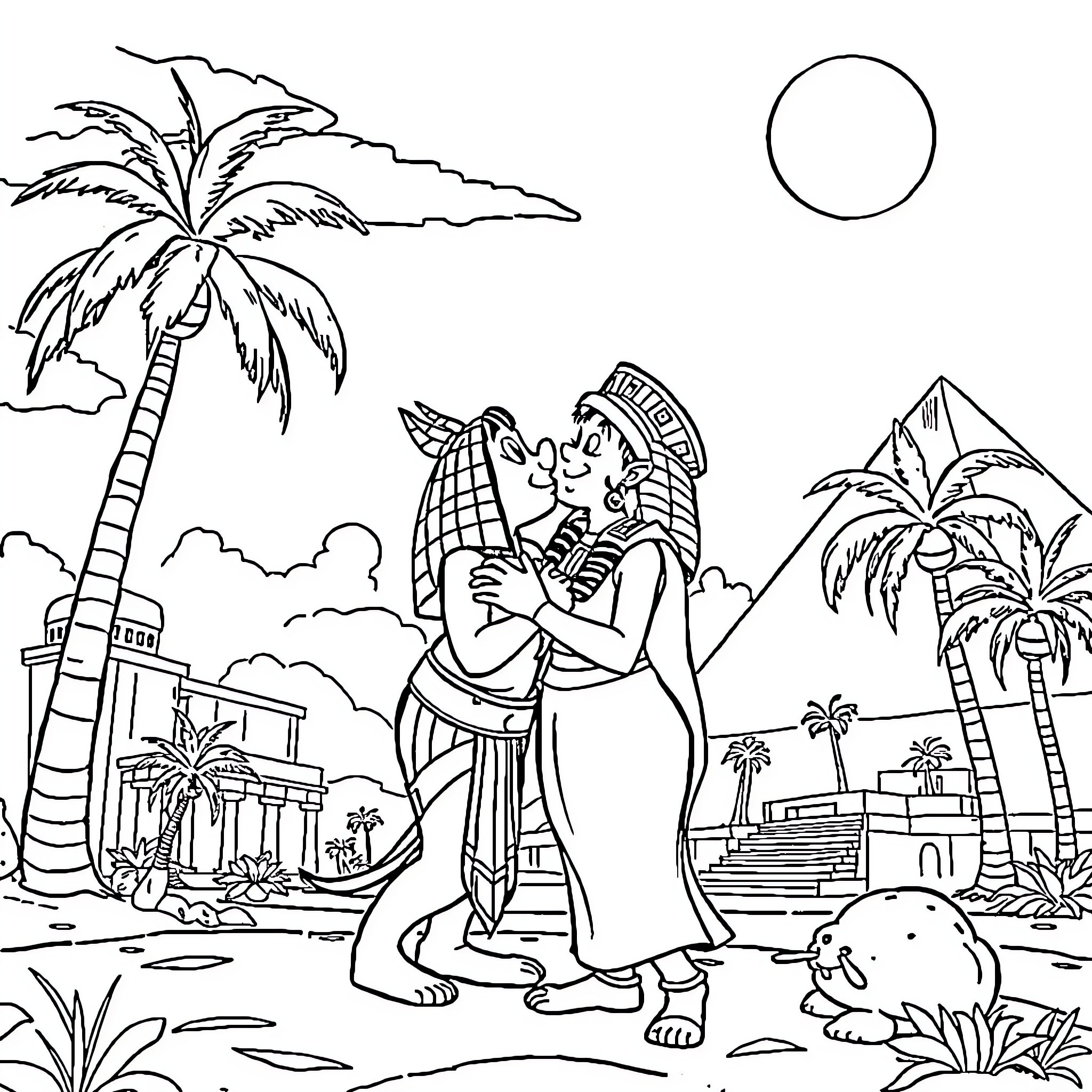 Asterix and Obelix explore the ancient Egyptian landscape Coloring Page (free black-and-white line drawing printable PDF for all, from beginners to advanced learners, including children, teens, adults, and seniors)