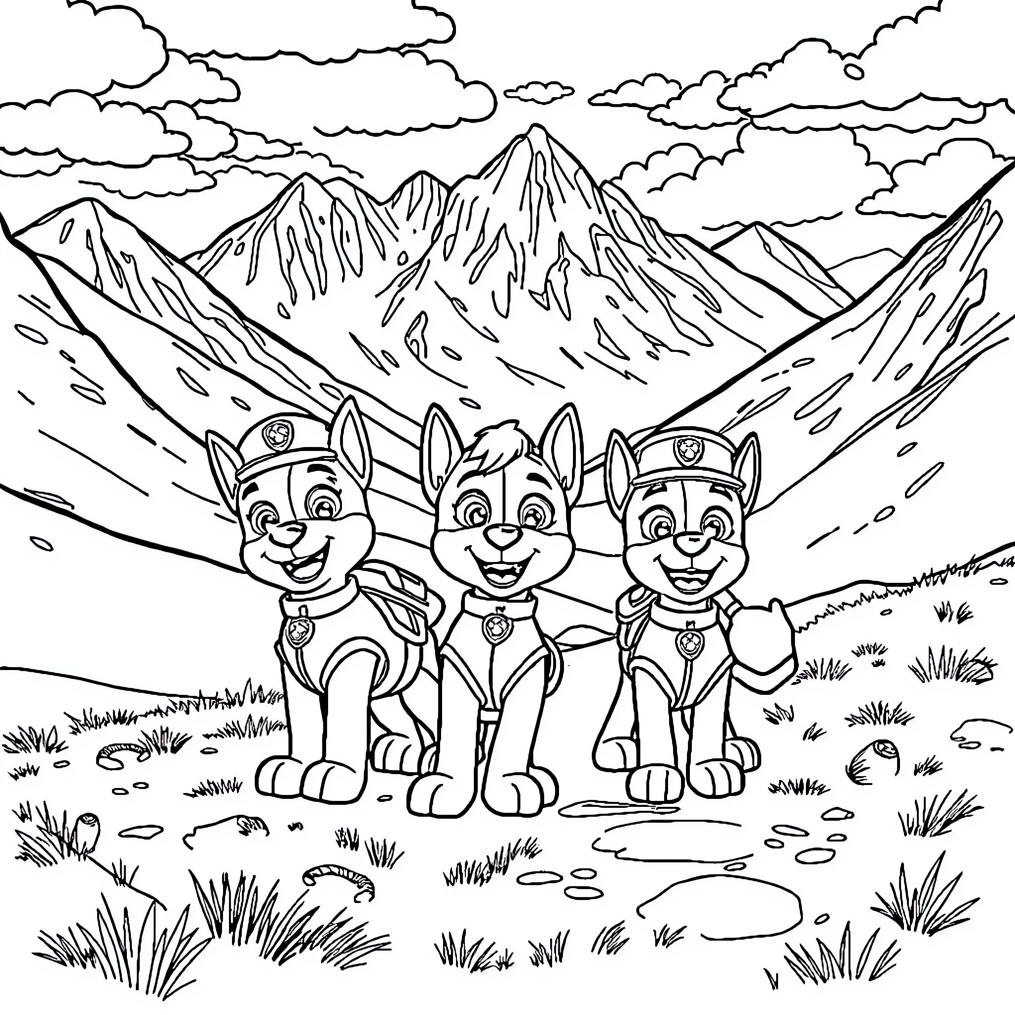 Paw Patrol Pups Adventure in the Mountains Coloring Page (free black-and-white line drawing printable PDF for all, from beginners to advanced learners, including children, teens, adults, and seniors)