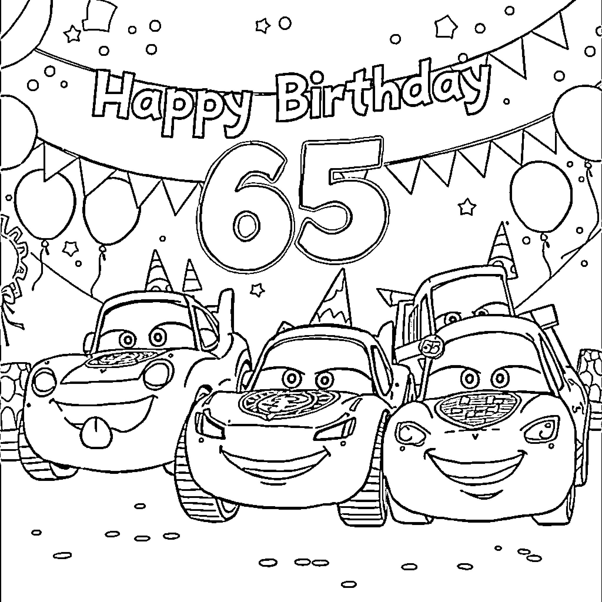 Cars celebrating a 65th birthday party Coloring Page (free black-and-white line drawing printable PDF for all, from beginners to advanced learners, including children, teens, adults, and seniors)