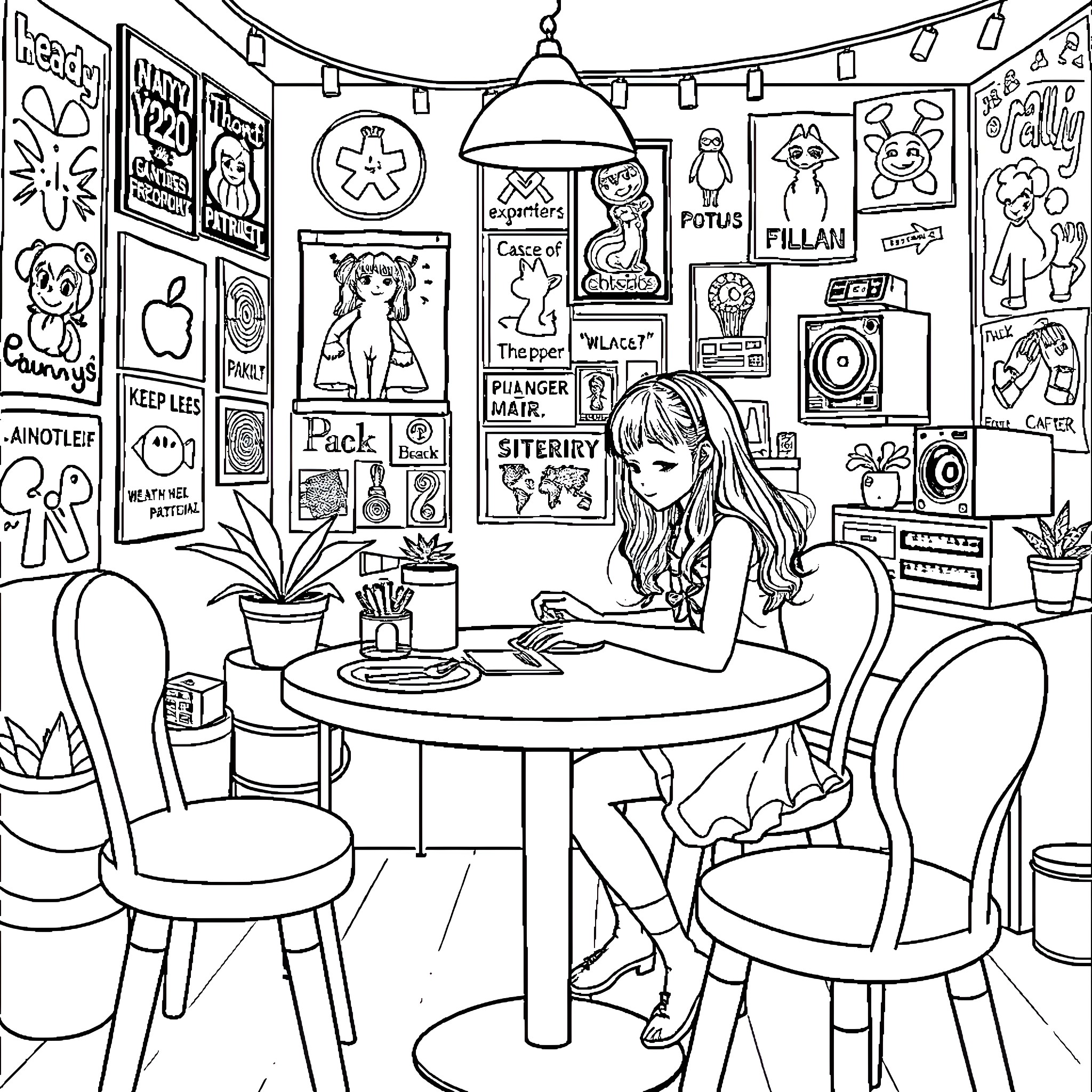 Girl sitting at desk in colorful room Coloring Page (free black-and-white line drawing printable PDF for all, from beginners to advanced learners, including children, teens, adults, and seniors)