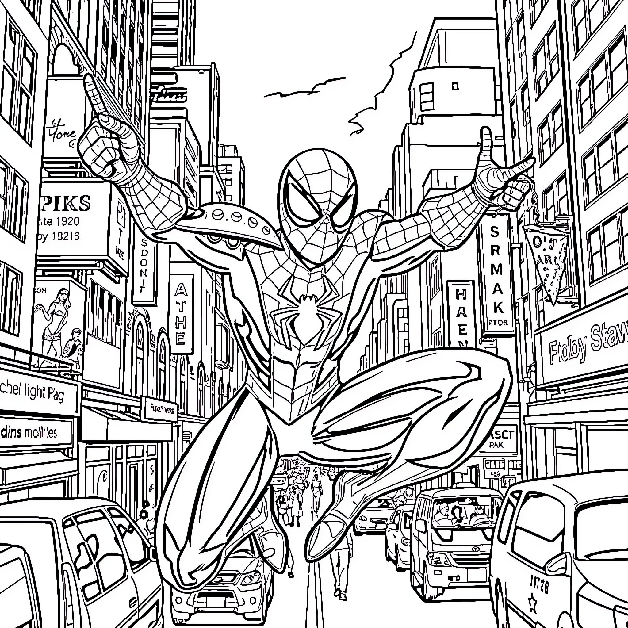 Spider-Man swinging through the bustling city streets Coloring Page (free black-and-white line drawing printable PDF for all, from beginners to advanced learners, including children, teens, adults, and seniors)