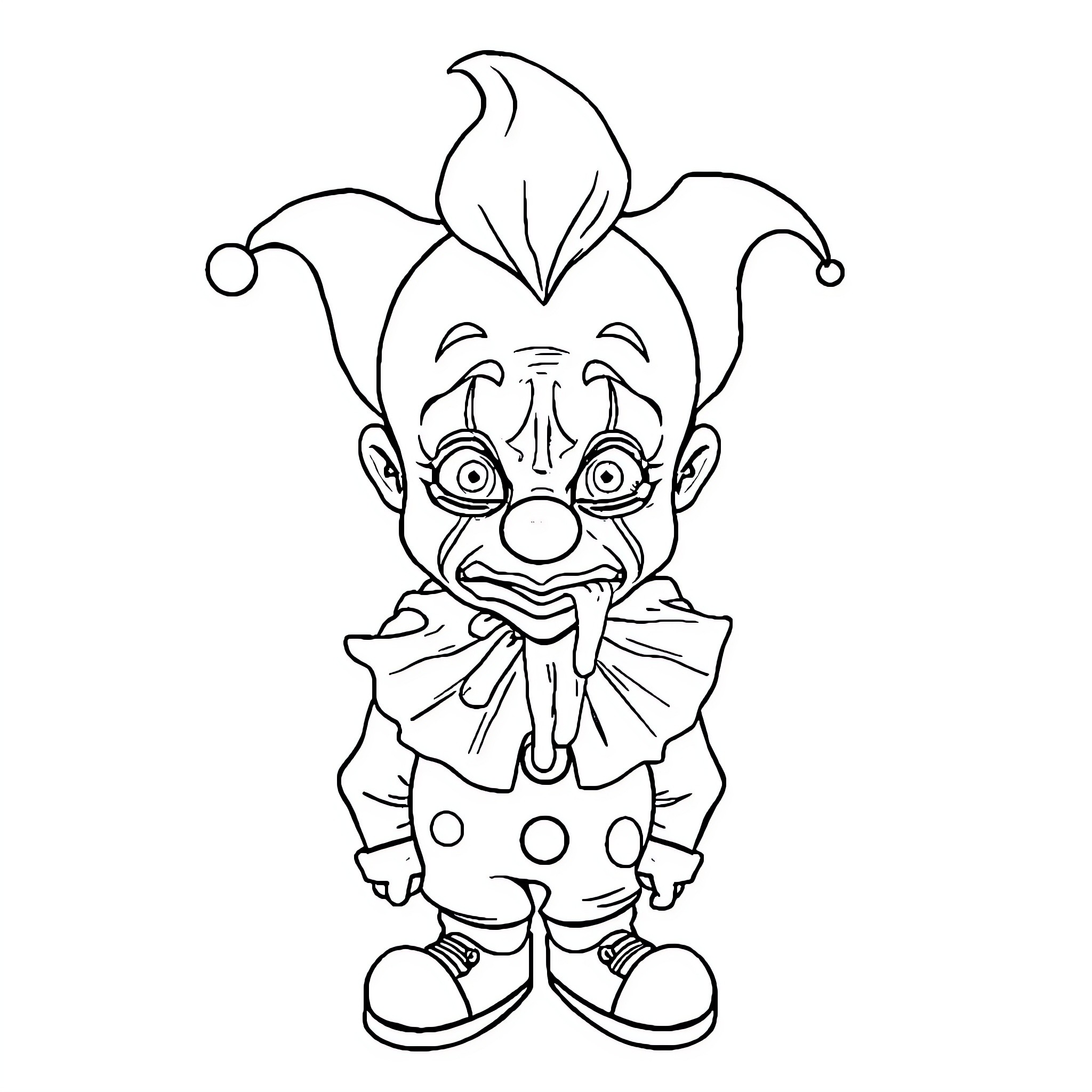 Clown with Exaggerated Features and Attire Coloring Page (free black-and-white line drawing printable PDF for all, from beginners to advanced learners, including children, teens, adults, and seniors)