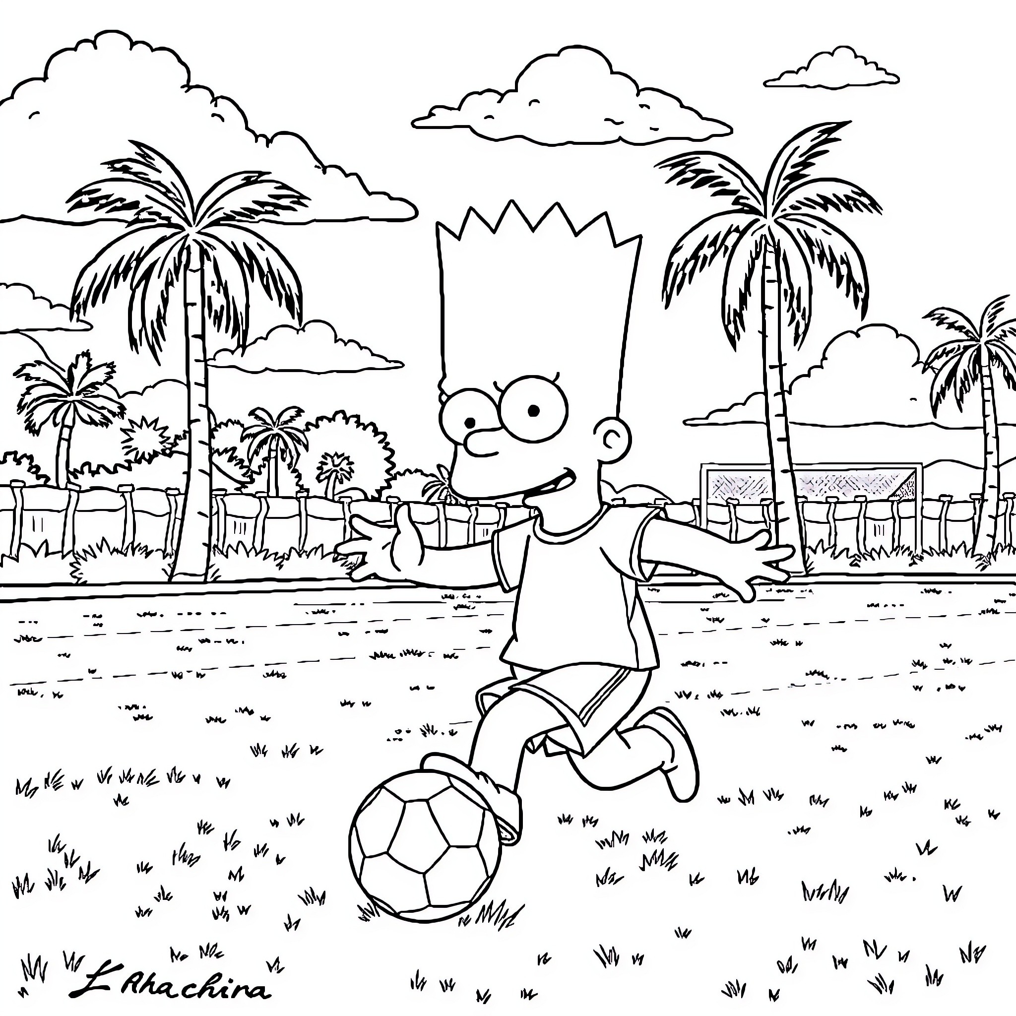 Bart Simpson playing with a soccer ball on the beach Coloring Page (free black-and-white line drawing printable PDF for all, from beginners to advanced learners, including children, teens, adults, and seniors)