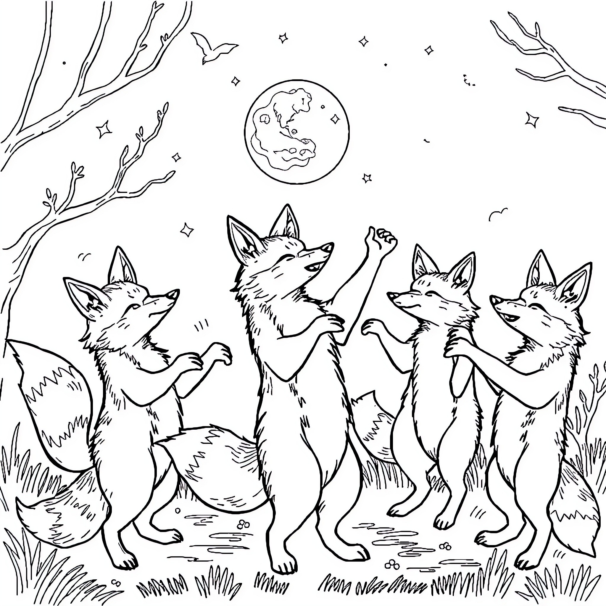 Fox Frolicking Joyfully Under the Starry Night Sky Coloring Page (free black-and-white line drawing printable PDF for all, from beginners to advanced learners, including children, teens, adults, and seniors)