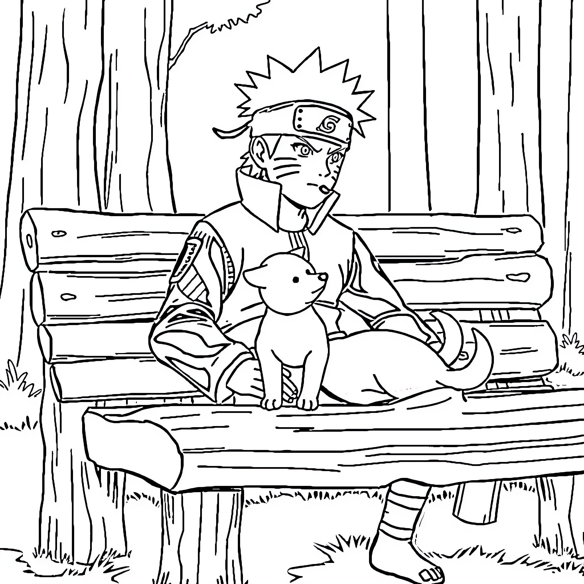 Naruto relaxing with a furry companion in the woods Coloring Page (free black-and-white line drawing printable PDF for all, from beginners to advanced learners, including children, teens, adults, and seniors)