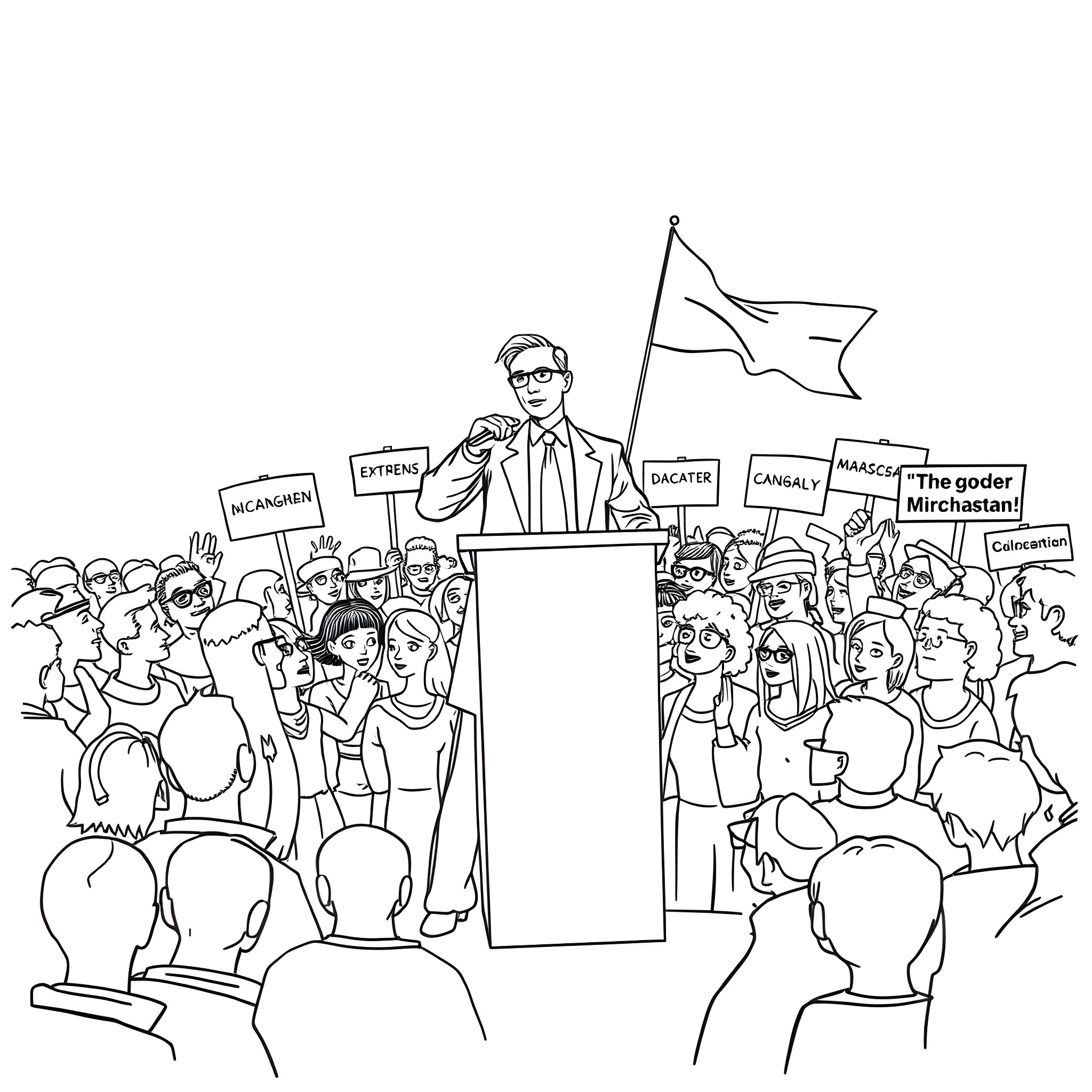 Dr. Manhattan leading a political protest in front of a crowd Coloring Page (free black-and-white line drawing printable PDF for all, from beginners to advanced learners, including children, teens, adults, and seniors)